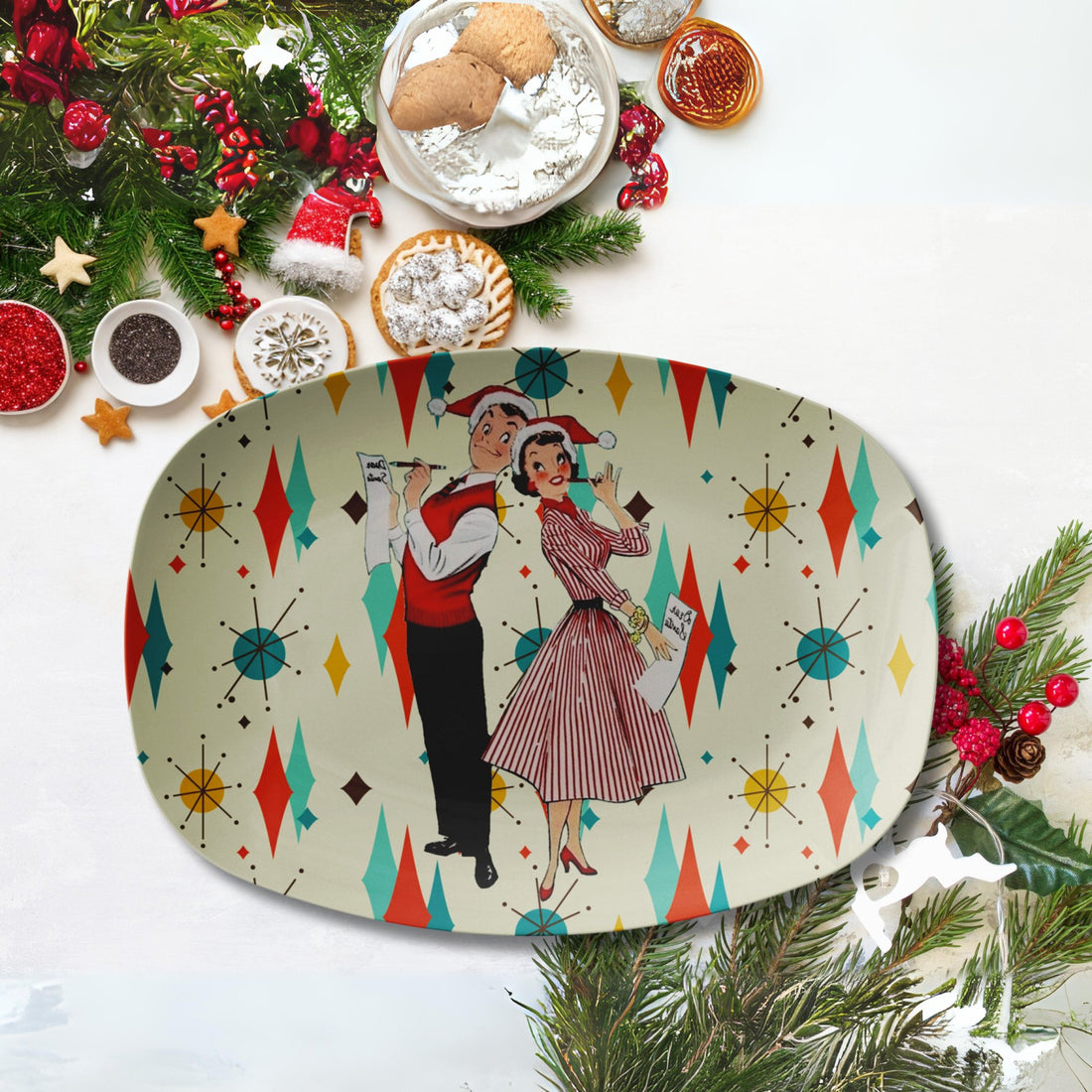 Kate McEnroe New York Retro Vintage 1950s Kitsch Couple Christmas Card Art Platter, MCM Franciscan Diamond Starburst Kitchen GiftsServing Platters9727