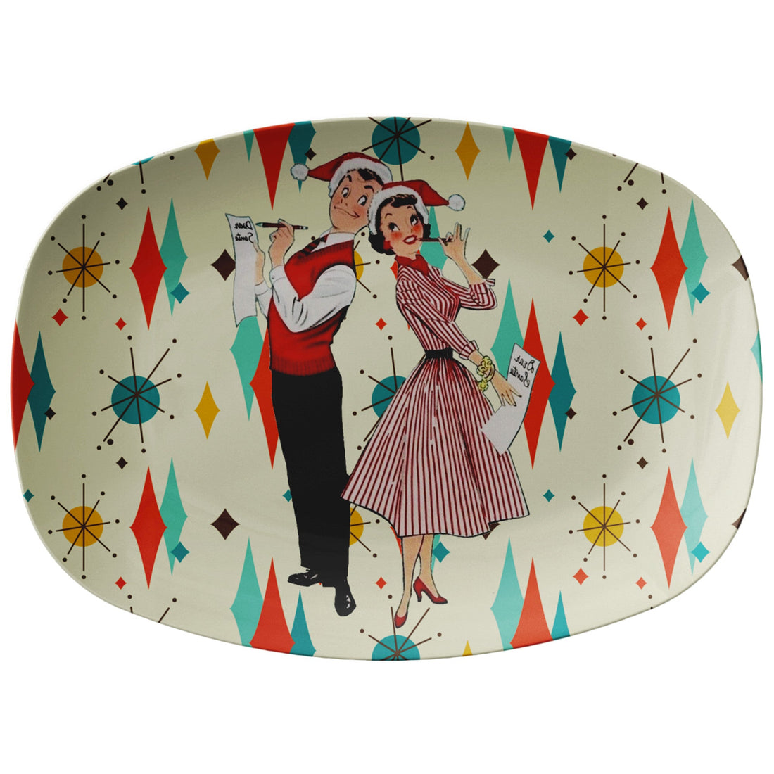 Kate McEnroe New York Retro Vintage 1950s Kitsch Couple Christmas Card Art Platter, MCM Franciscan Diamond Starburst Kitchen GiftsServing Platters9727