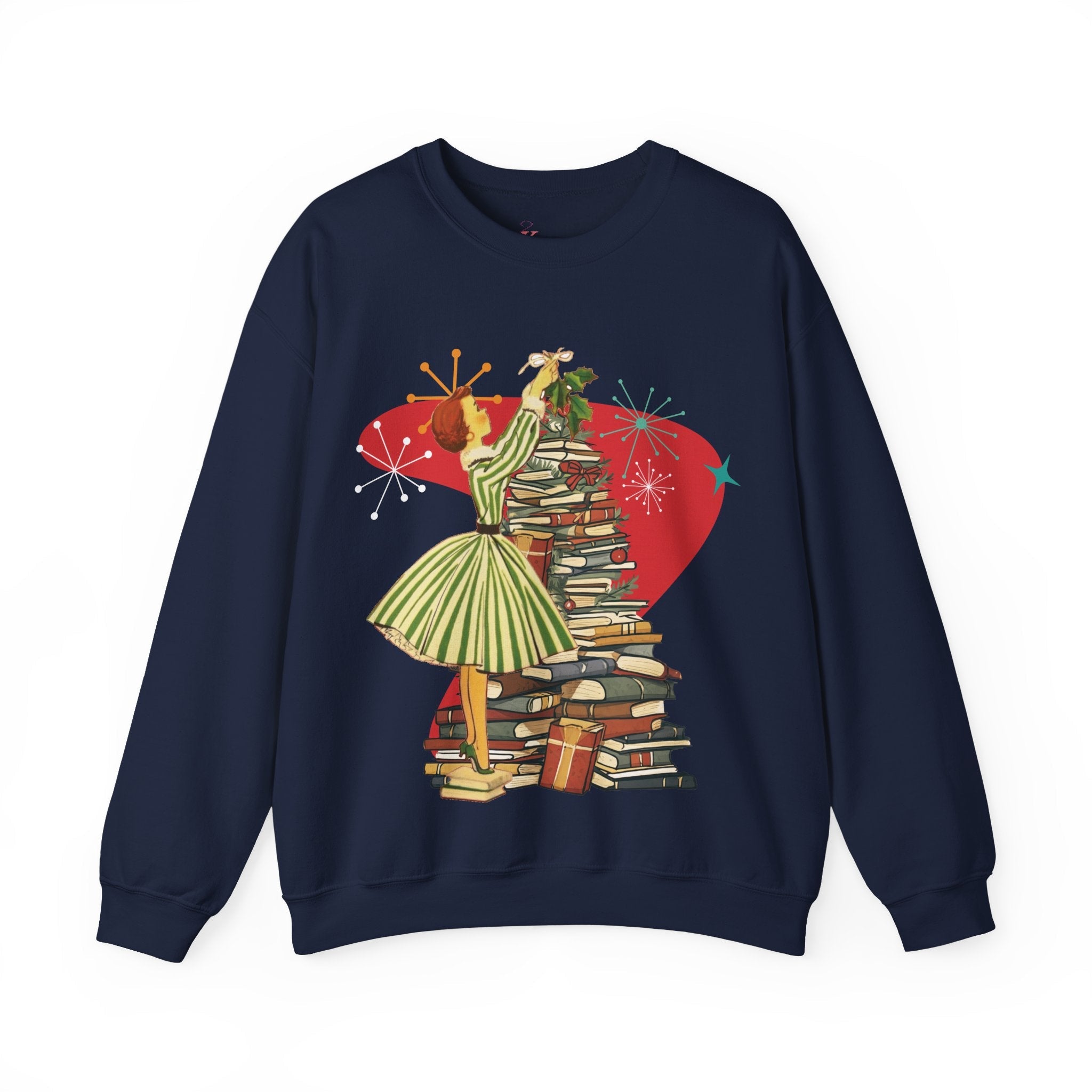 Kate McEnroe New York Retro Vintage 50s Book Lover Sweatshirt, Atomic Age Holiday CrewneckSweatshirts14430916326882949180