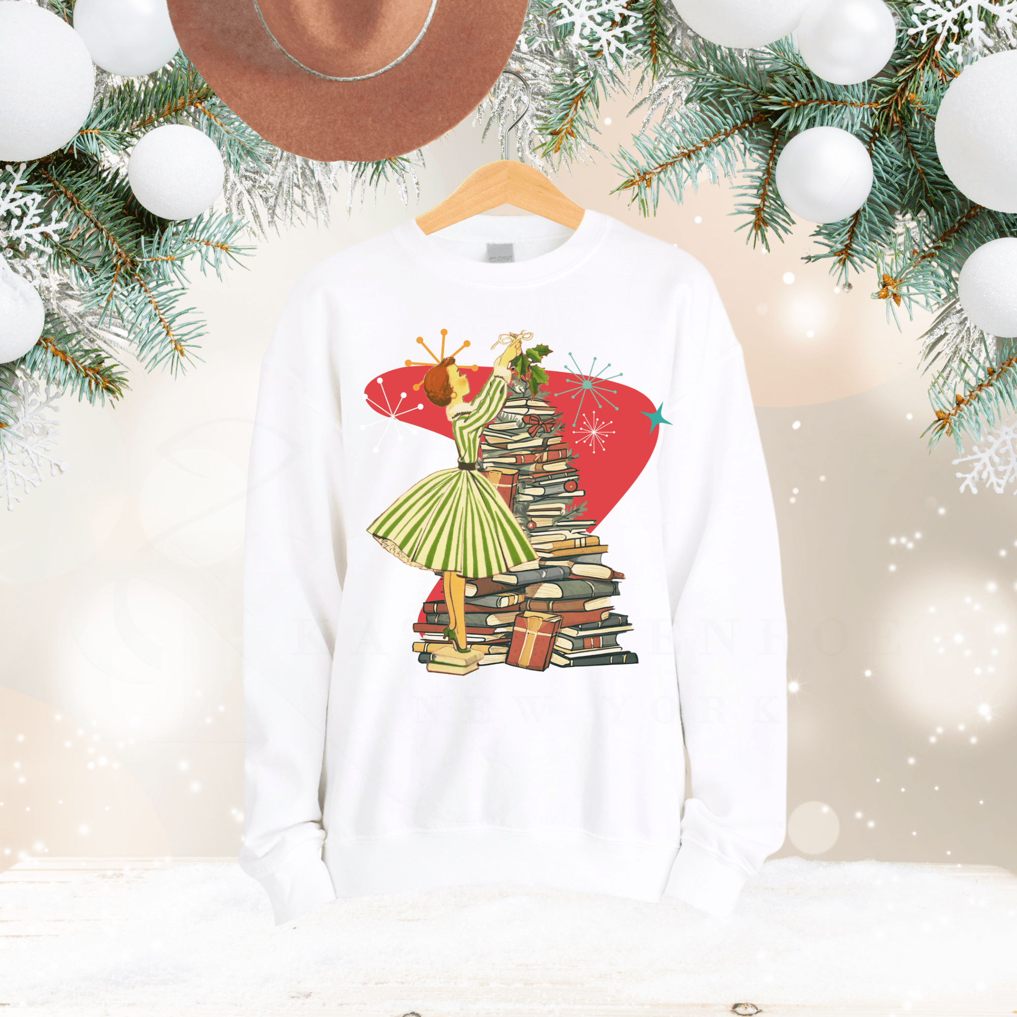 Kate McEnroe New York Retro Vintage 50s Book Lover Sweatshirt, Atomic Age Holiday CrewneckSweatshirts33866735843668305181
