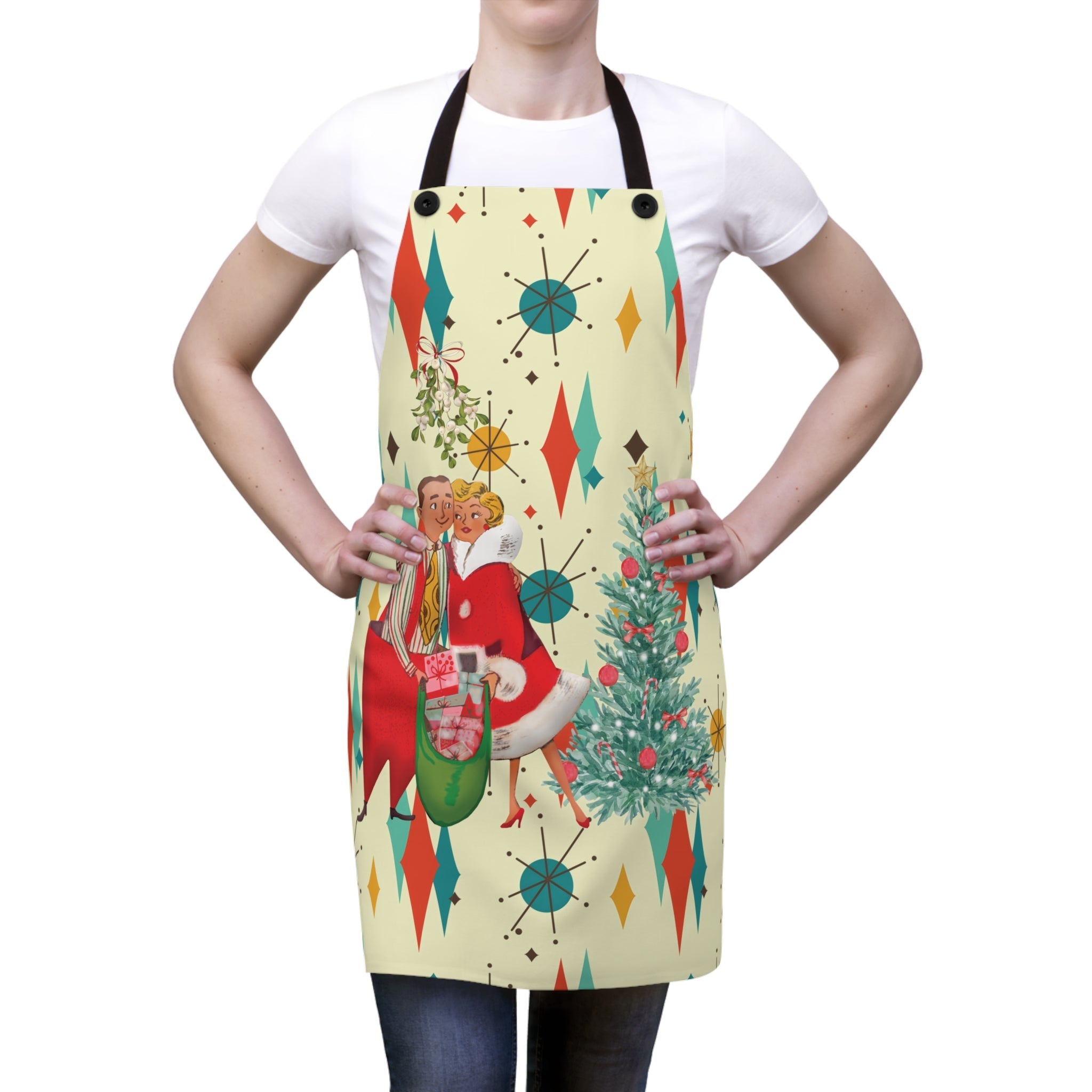Kate McEnroe New York Retro Vintage 50s Christmas Card Art Apron, Franciscan Diamond Starburst, Mid Century Modern Holiday Cooking Wear, Chef GiftsAprons17288105394928822694