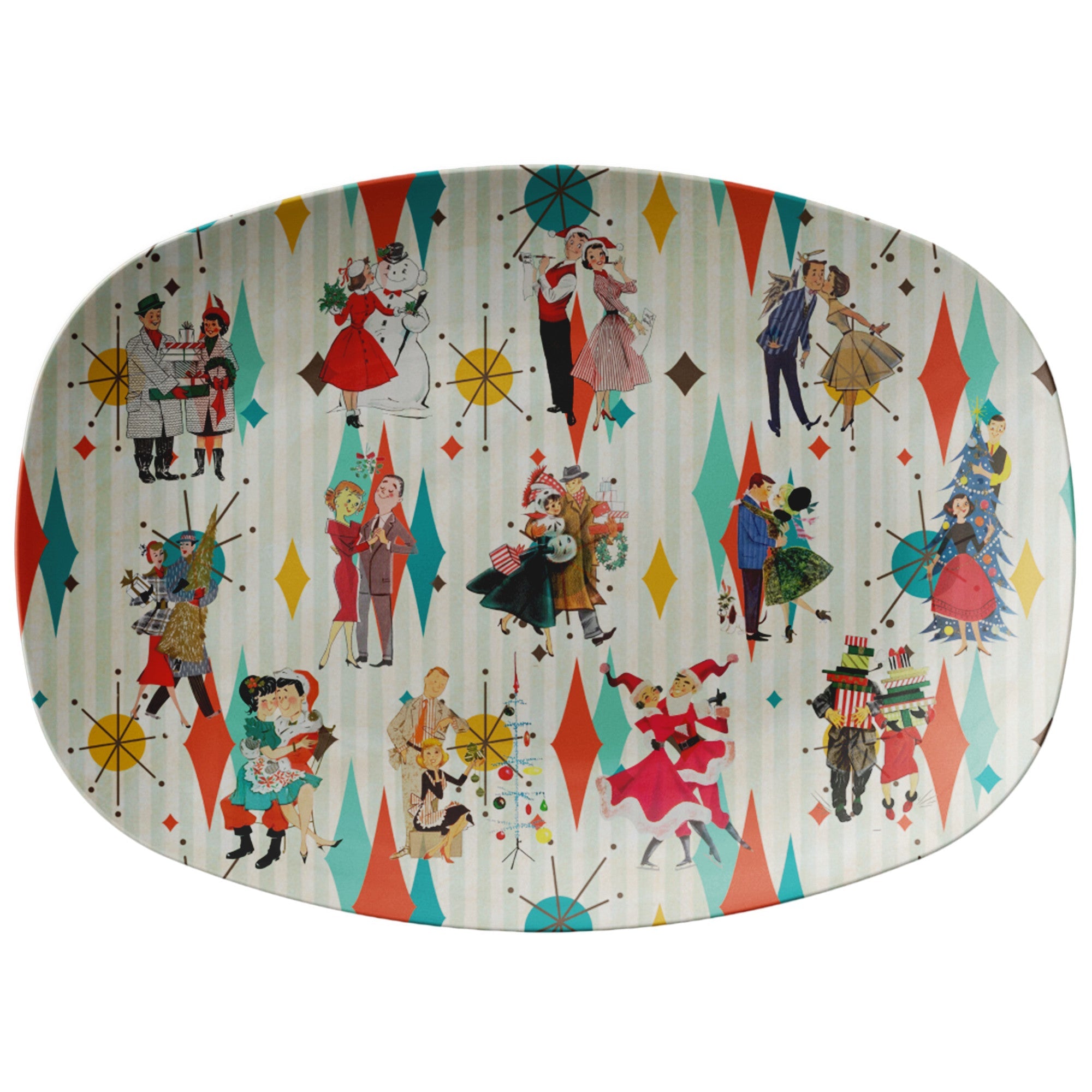 Kate McEnroe New York Retro Vintage 50s Christmas Couples Kitsch Art Platter, Franciscan Diamond Starburst Holiday Serving TrayServing Platters9727