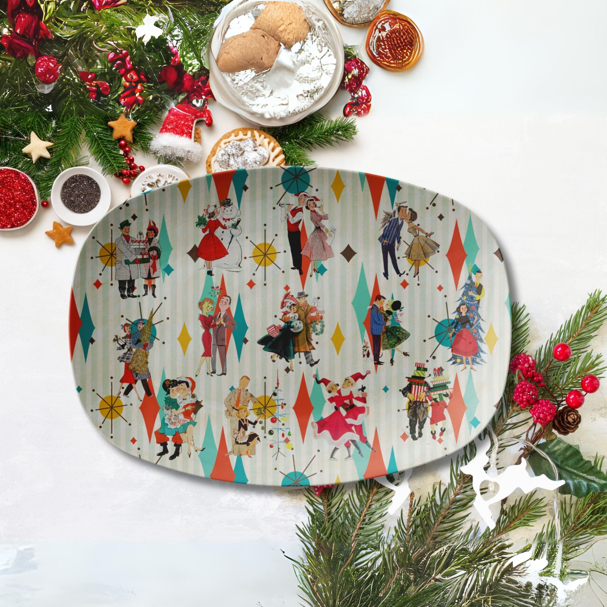 Kate McEnroe New York Retro Vintage 50s Christmas Couples Kitsch Art Platter, Franciscan Diamond Starburst Holiday Serving TrayServing Platters9727