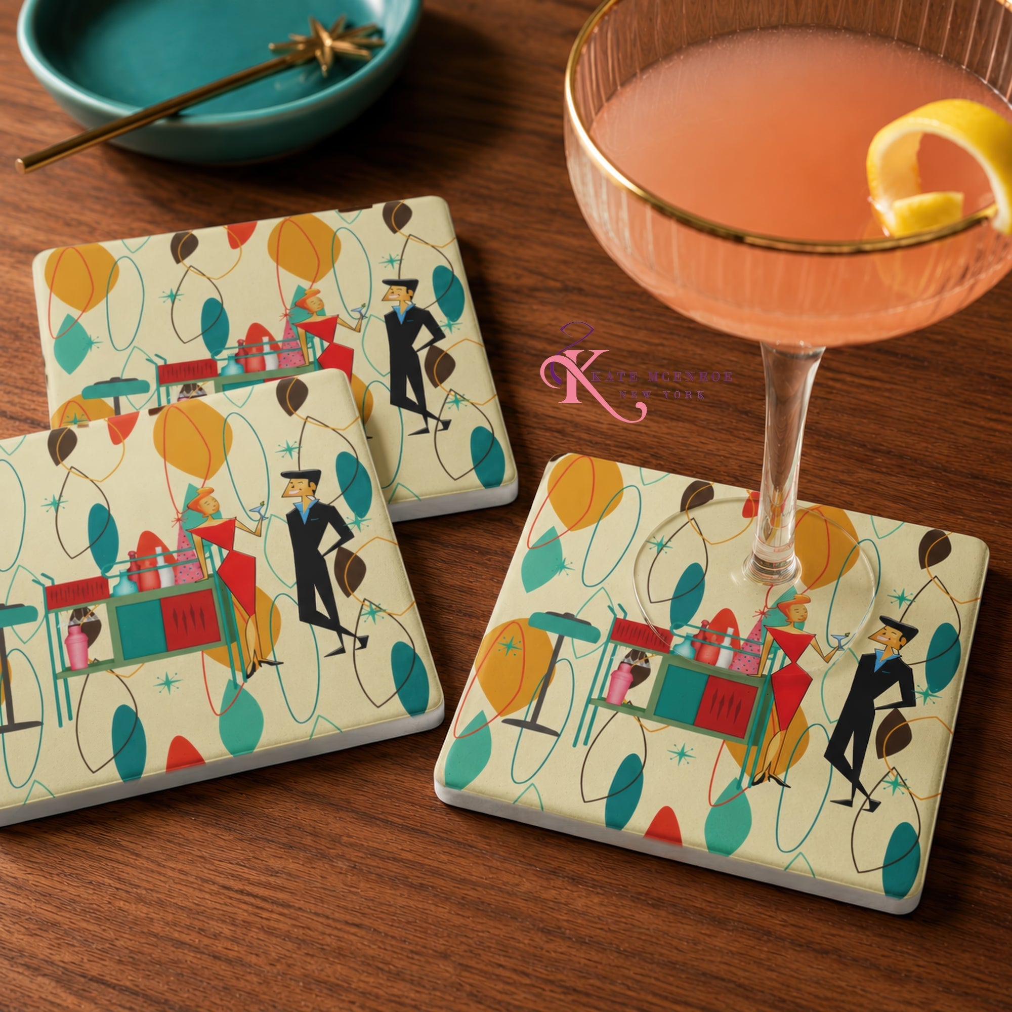 Kate McEnroe New York Retro Vintage 50s Cocktail Coasters, Mid Century Modern Kitsch BarwareCoasters7021