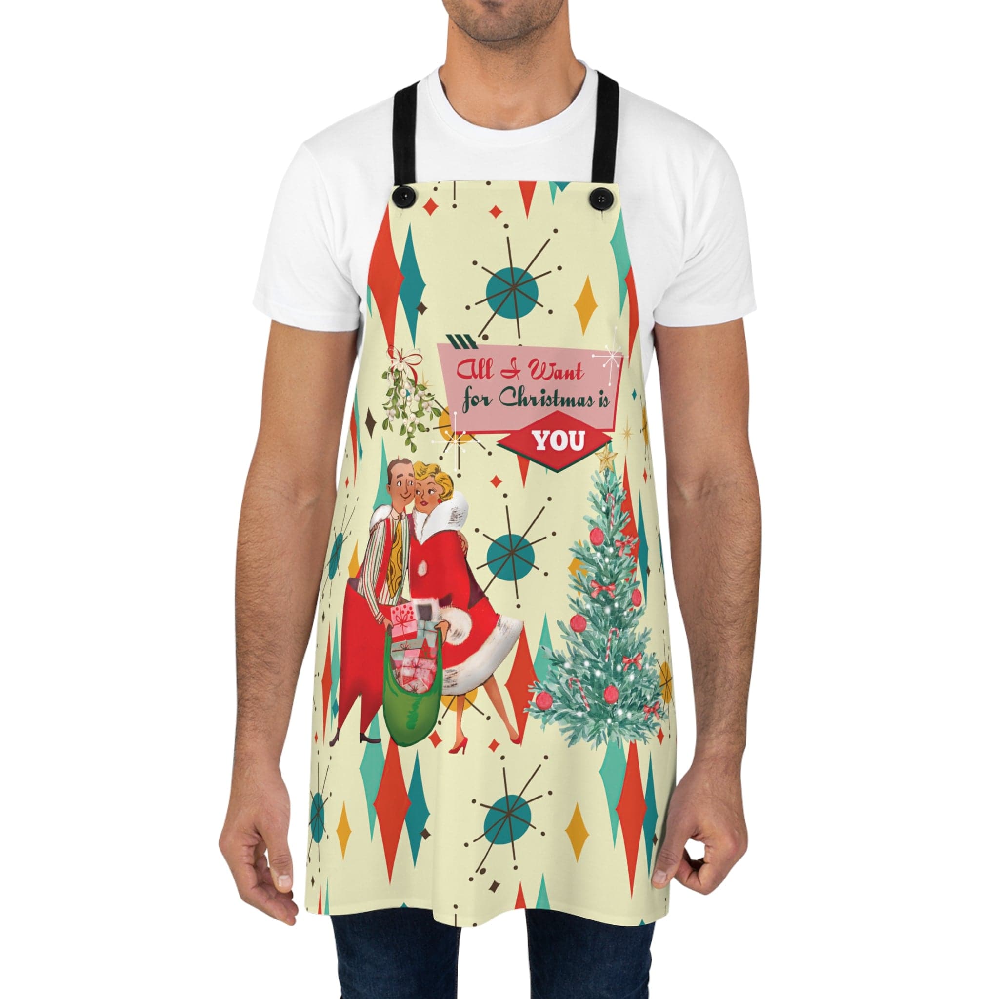 Kate McEnroe New York Retro Vintage 50s Franciscan Diamond Starburst Kitsch Christmas Card Art Apron, Mid Century Modern Holiday Cooking Wear, Chef GiftsAprons28246122449252259273