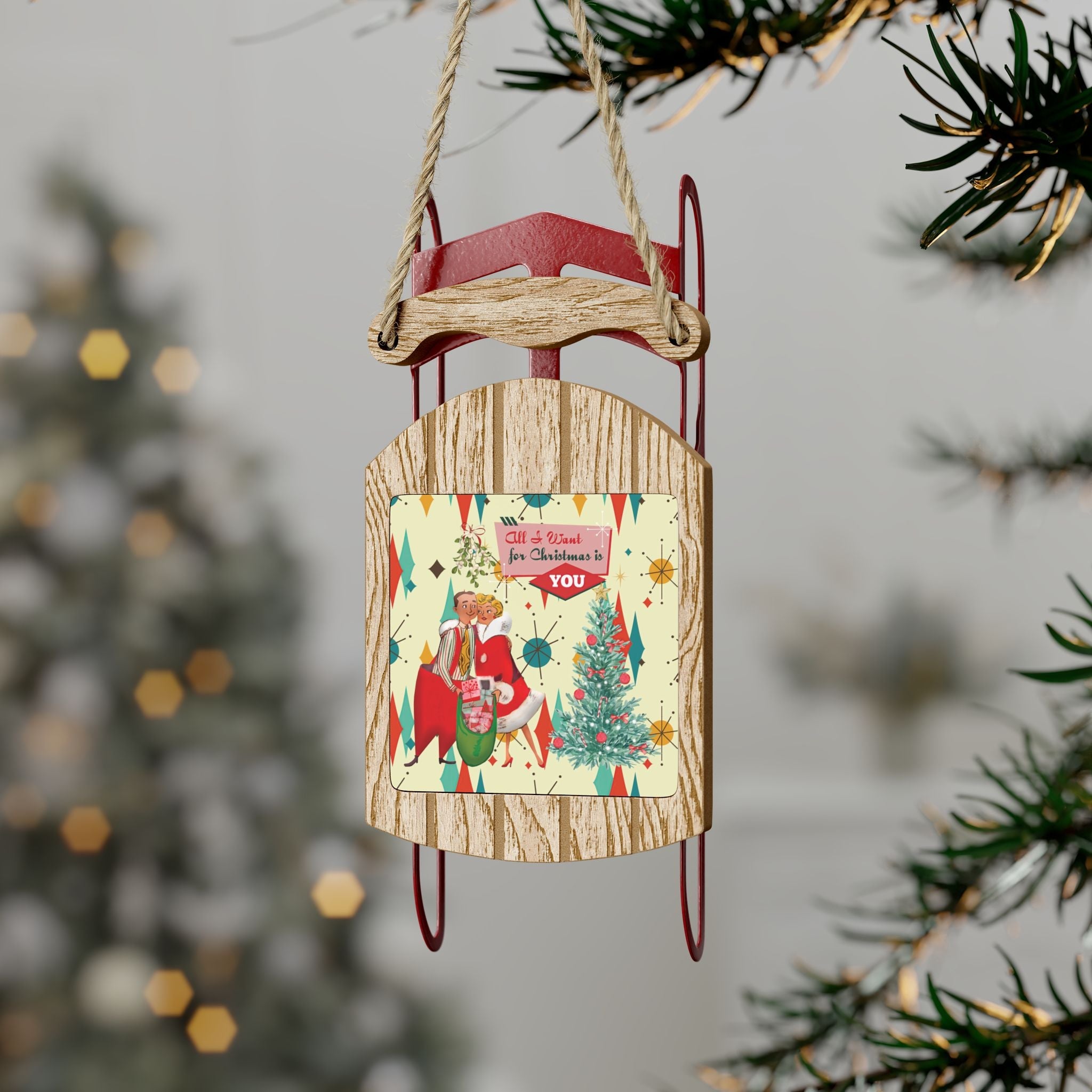 Kate McEnroe New York Retro Vintage 50s Franciscan Diamond Starburst Kitsch Christmas Card Art Art Sled OrnamentsOrnaments24166137211470670936