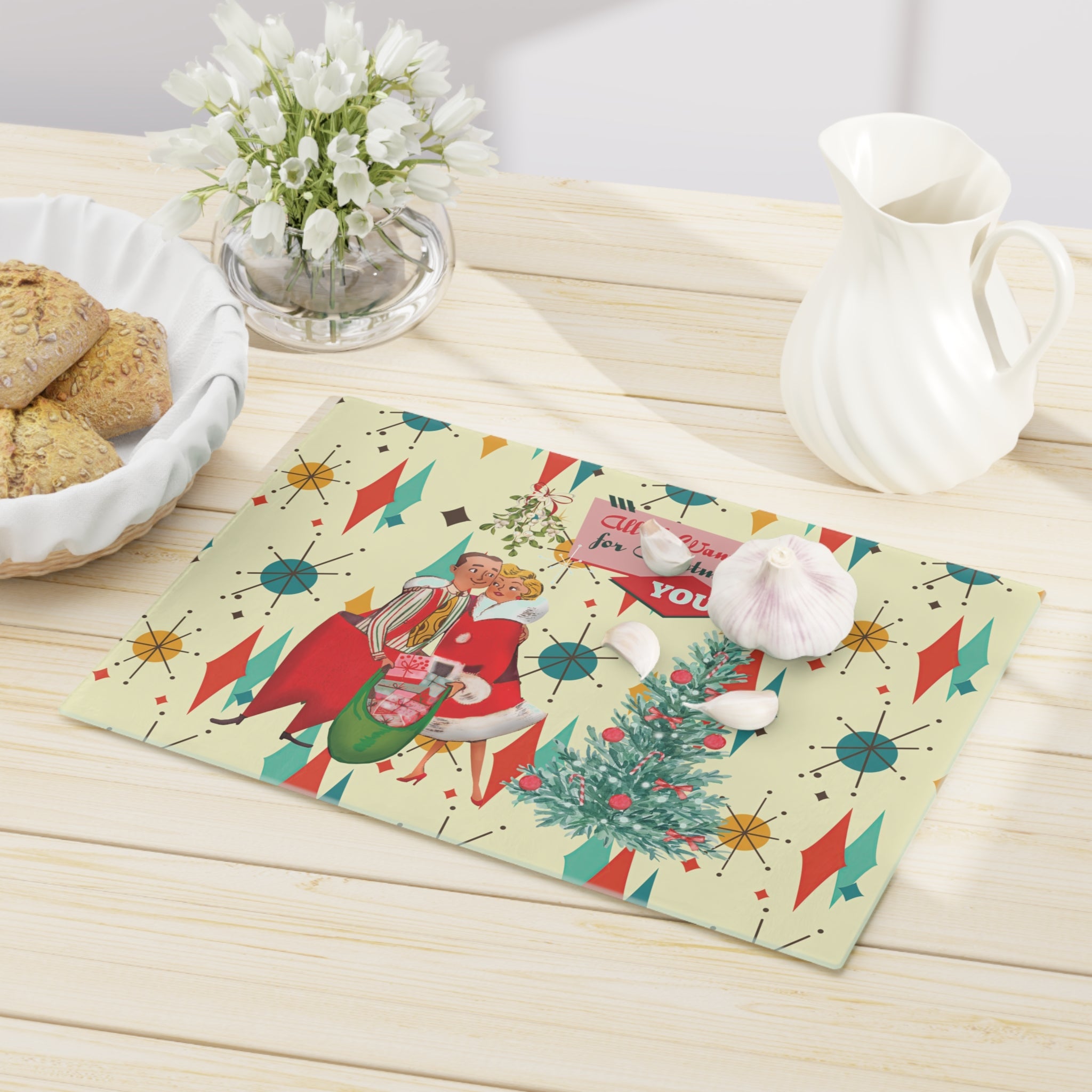 Kate McEnroe New York Retro Vintage 50s Franciscan Diamond Starburst Kitsch Christmas Card Art Glass Cutting Board, Mid Century Modern KitchenwareCutting Boards58086170485435681332