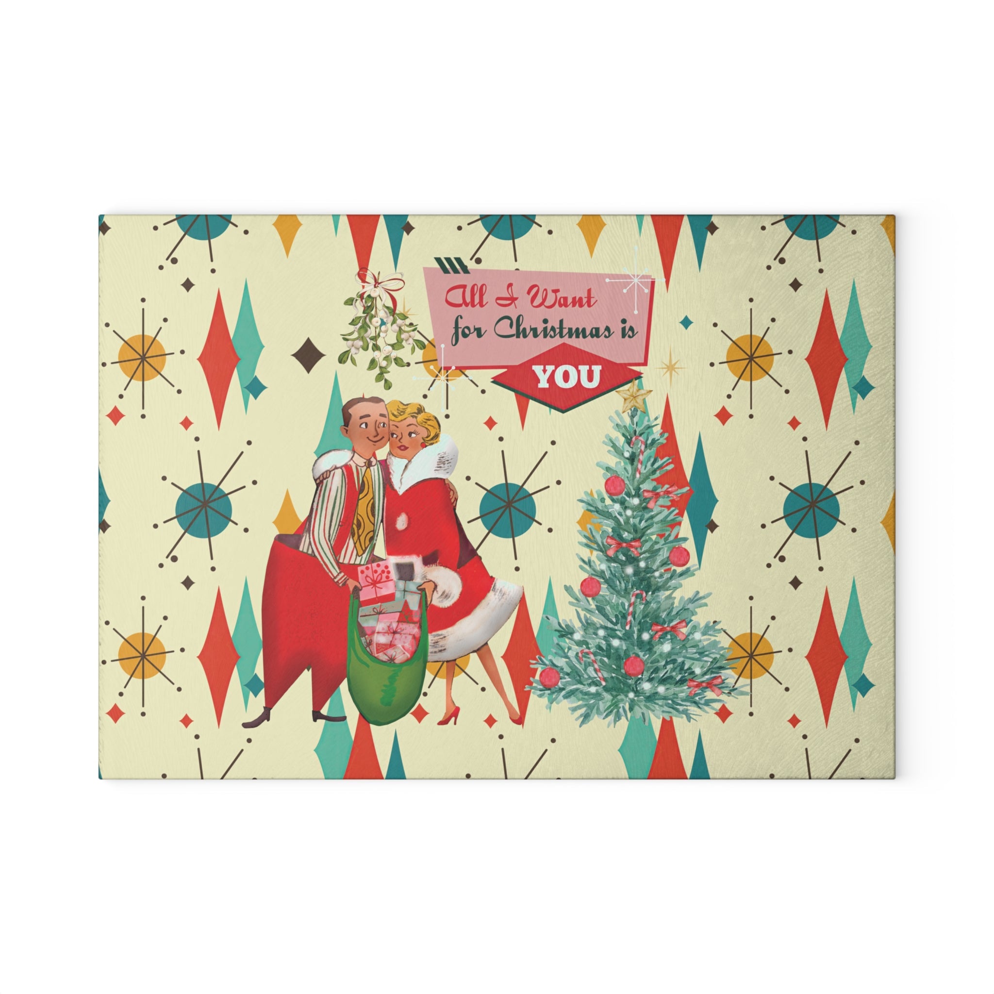 Kate McEnroe New York Retro Vintage 50s Franciscan Diamond Starburst Kitsch Christmas Card Art Glass Cutting Board, Mid Century Modern KitchenwareCutting Boards58086170485435681332