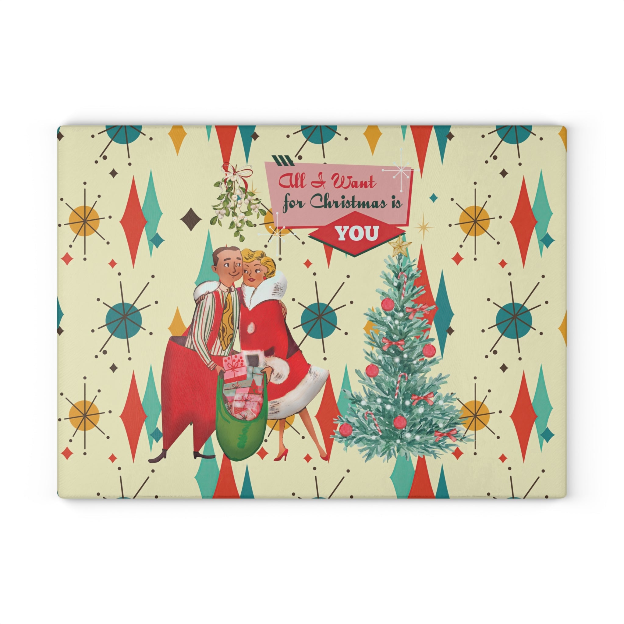 Kate McEnroe New York Retro Vintage 50s Franciscan Diamond Starburst Kitsch Christmas Card Art Glass Cutting Board, Mid Century Modern KitchenwareCutting Boards58086170485435681332