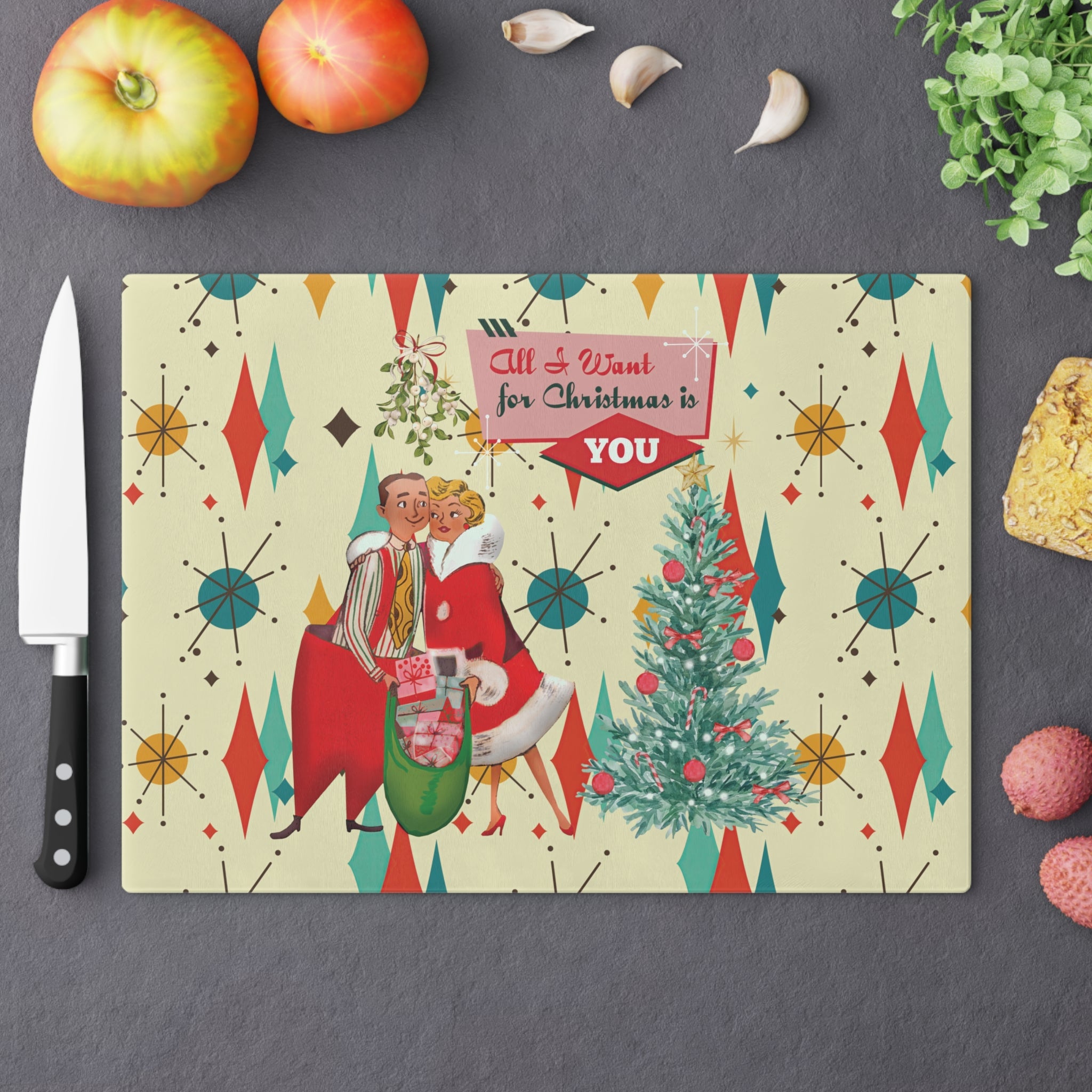 Kate McEnroe New York Retro Vintage 50s Franciscan Diamond Starburst Kitsch Christmas Card Art Glass Cutting Board, Mid Century Modern KitchenwareCutting Boards58086170485435681332