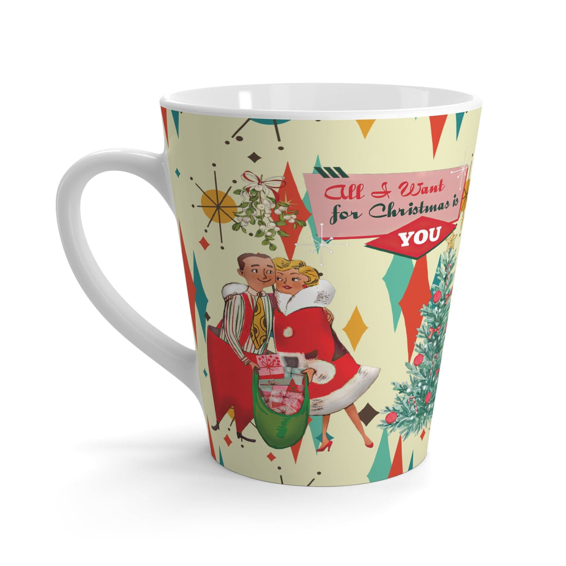 Kate McEnroe New York Retro Vintage 50s Franciscan Diamond Starburst Kitsch Christmas Card Art Latte Mug, Mid Century Modern Festive CupMugs14934690925842239587