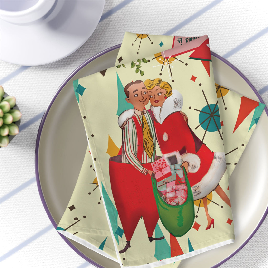 Kate McEnroe New York Retro Vintage 50s Franciscan Diamond Starburst Kitsch Christmas Card Art Napkins, Mid Century Holiday Linens Napkins 4-piece set / White / 19&quot; × 19&quot; 49235493517132520886