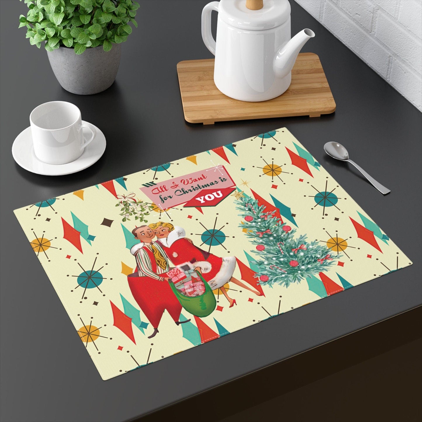 Kate McEnroe New York Retro Vintage 50s Franciscan Diamond Starburst Kitsch Christmas Card Art Placemat, Mid Century Modern Holiday Table Linen Placemats DPM-VIN-WOM-3