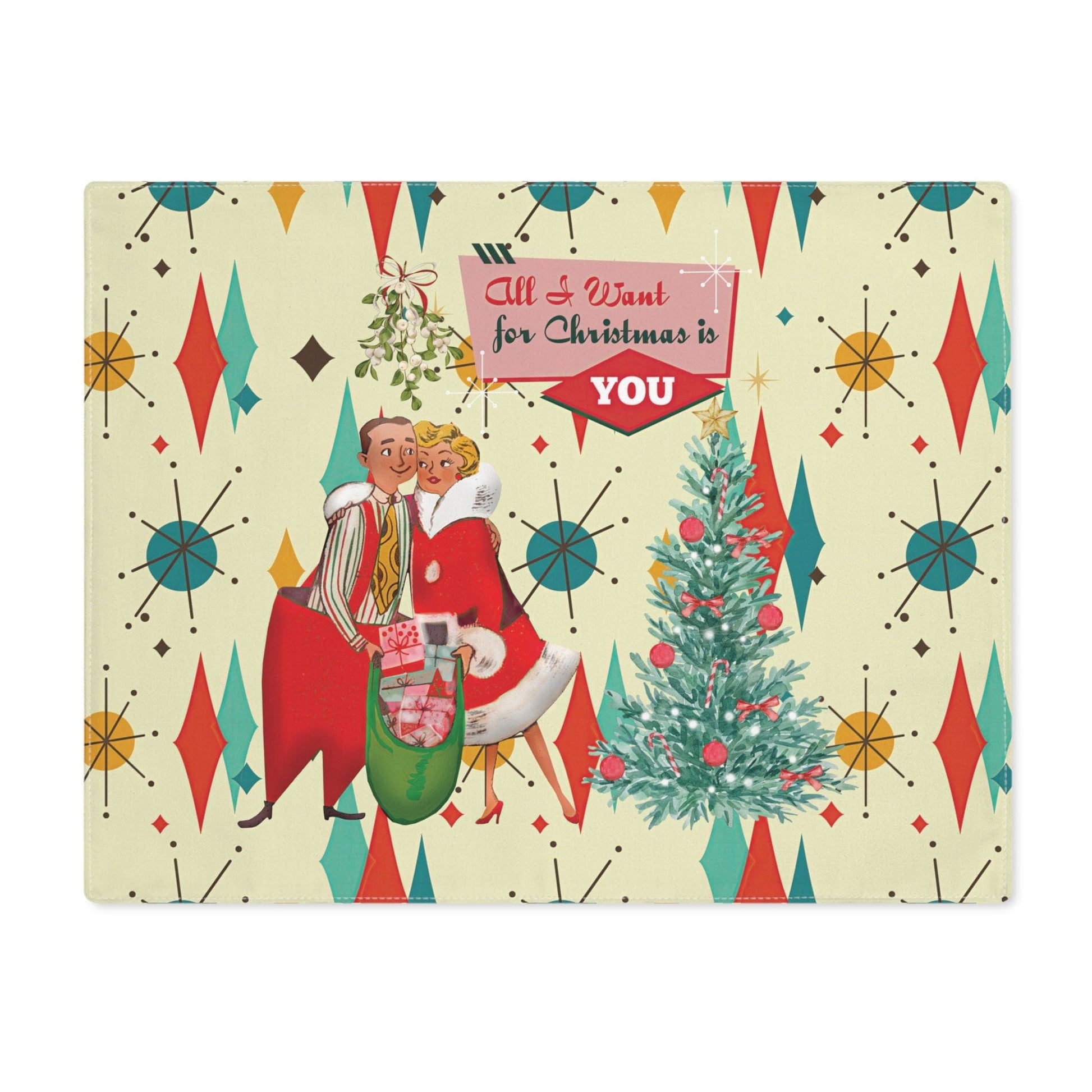 Kate McEnroe New York Retro Vintage 50s Franciscan Diamond Starburst Kitsch Christmas Card Art Placemat, Mid Century Modern Holiday Table Linen Placemats DPM-VIN-WOM-3