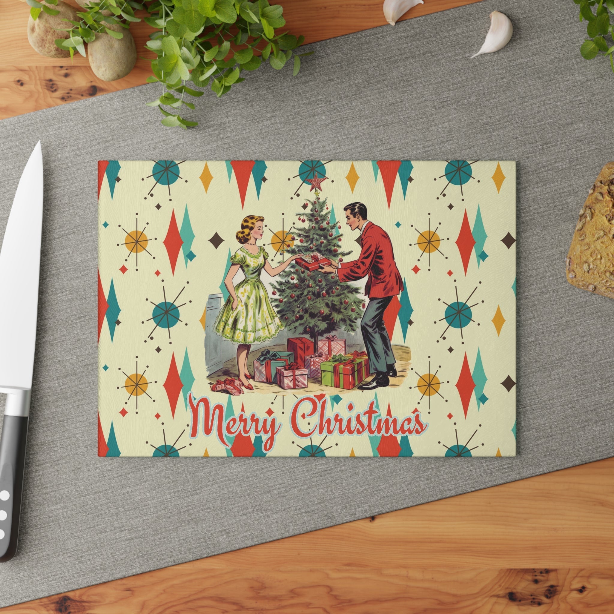 Kate McEnroe New York Retro Vintage 50s Glass Cutting Board, Franciscan Diamond Starburst Kitsch Christmas Card Art Holiday KitchenwareCutting Boards20071025826180018002