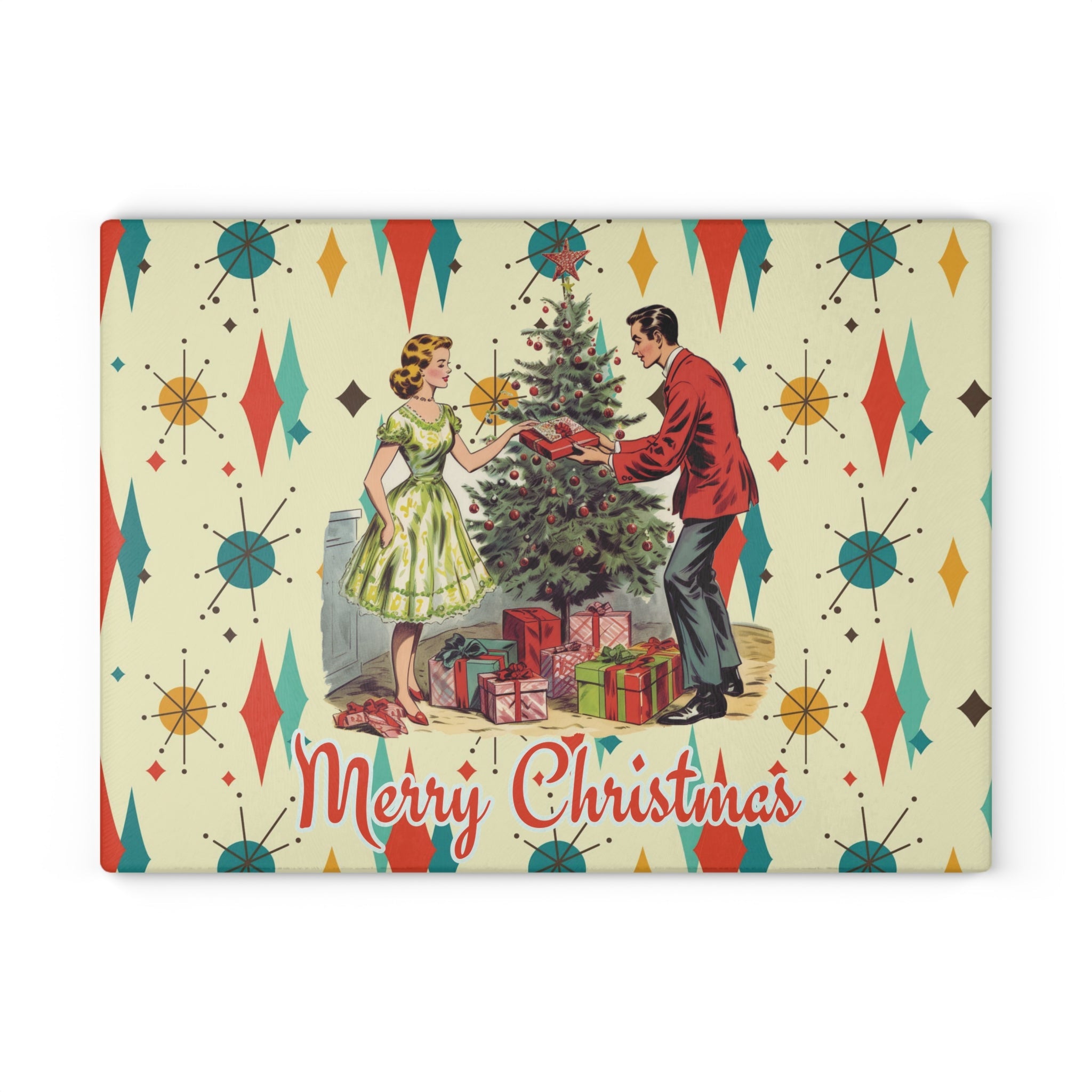 Kate McEnroe New York Retro Vintage 50s Glass Cutting Board, Franciscan Diamond Starburst Kitsch Christmas Card Art Holiday KitchenwareCutting Boards64141540264680231714