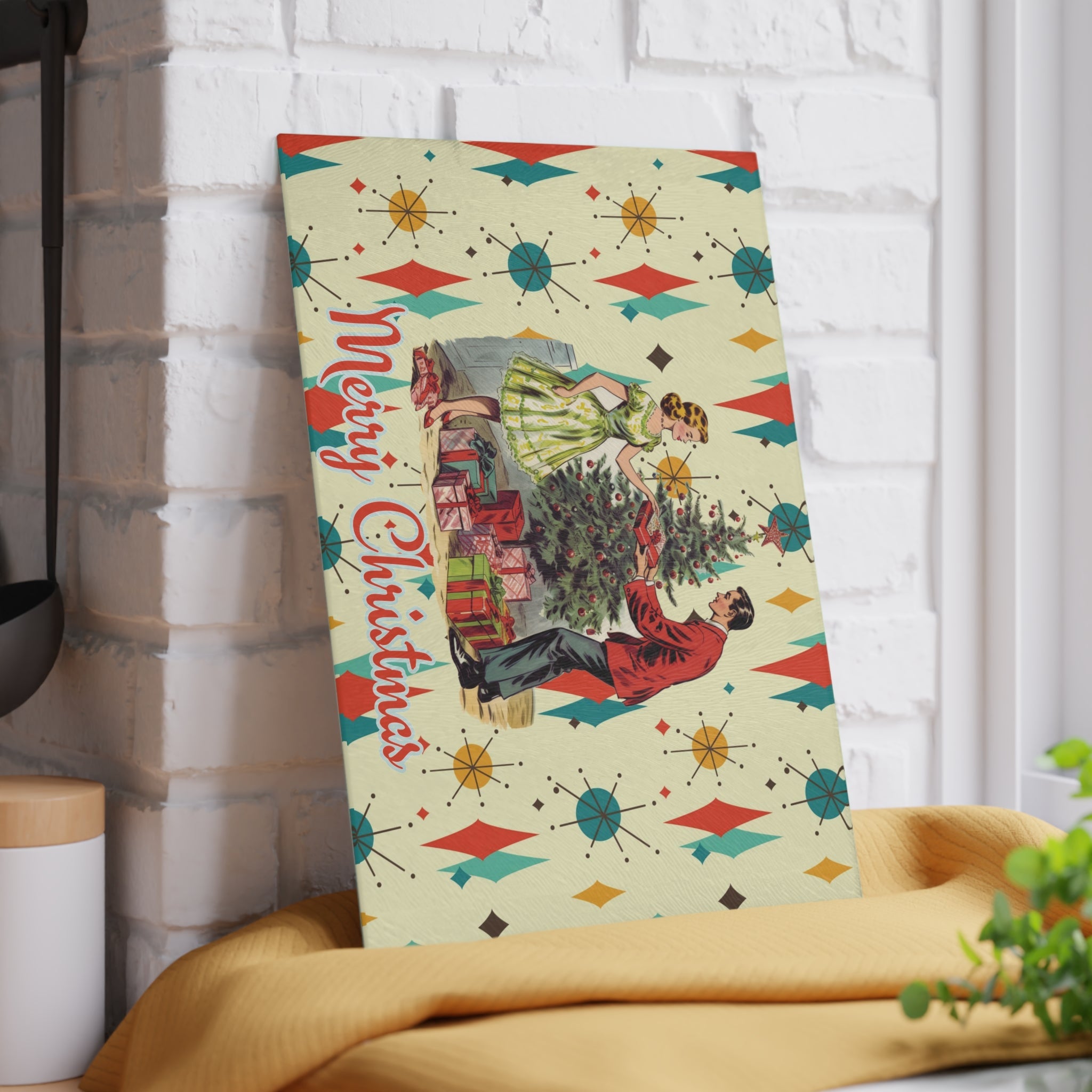 Kate McEnroe New York Retro Vintage 50s Glass Cutting Board, Franciscan Diamond Starburst Kitsch Christmas Card Art Holiday KitchenwareCutting Boards64141540264680231714