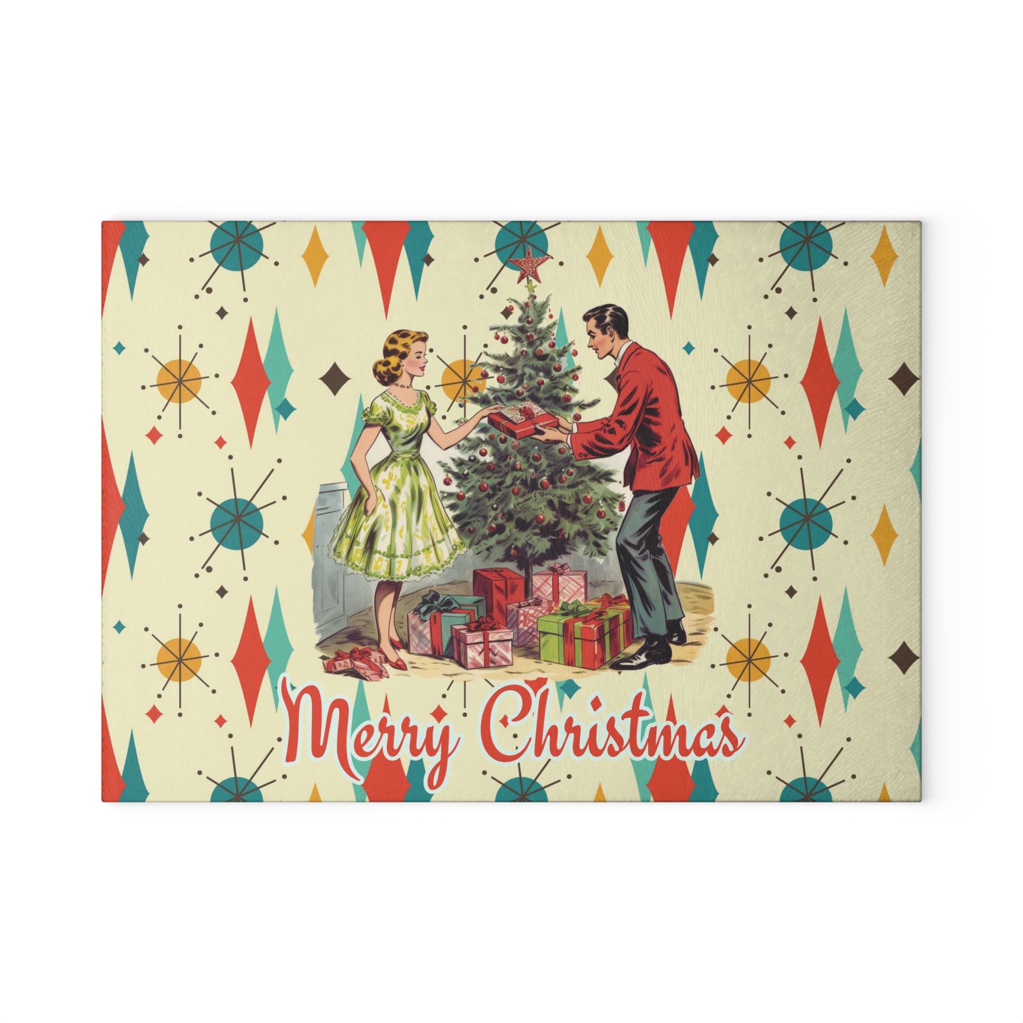 Kate McEnroe New York Retro Vintage 50s Glass Cutting Board, Franciscan Diamond Starburst Kitsch Christmas Card Art Holiday KitchenwareCutting Boards64141540264680231714