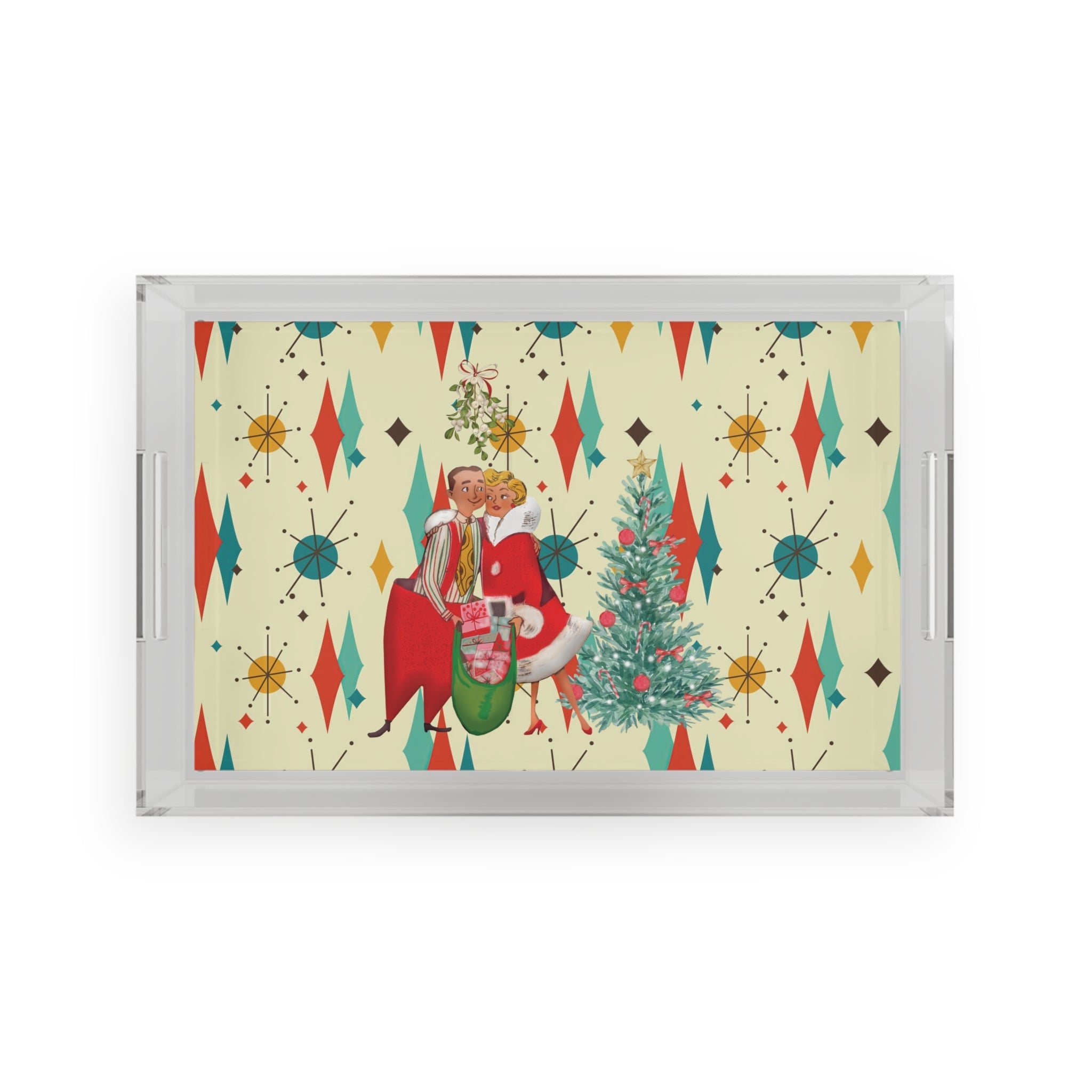 Kate McEnroe New York Retro Vintage 50s Kitsch Christmas Card Art Acrylic Serving Tray, Franciscan Diamond Starburst, Mid Century Modern Ottoman Coffee BarServing Trays16870407609780904335