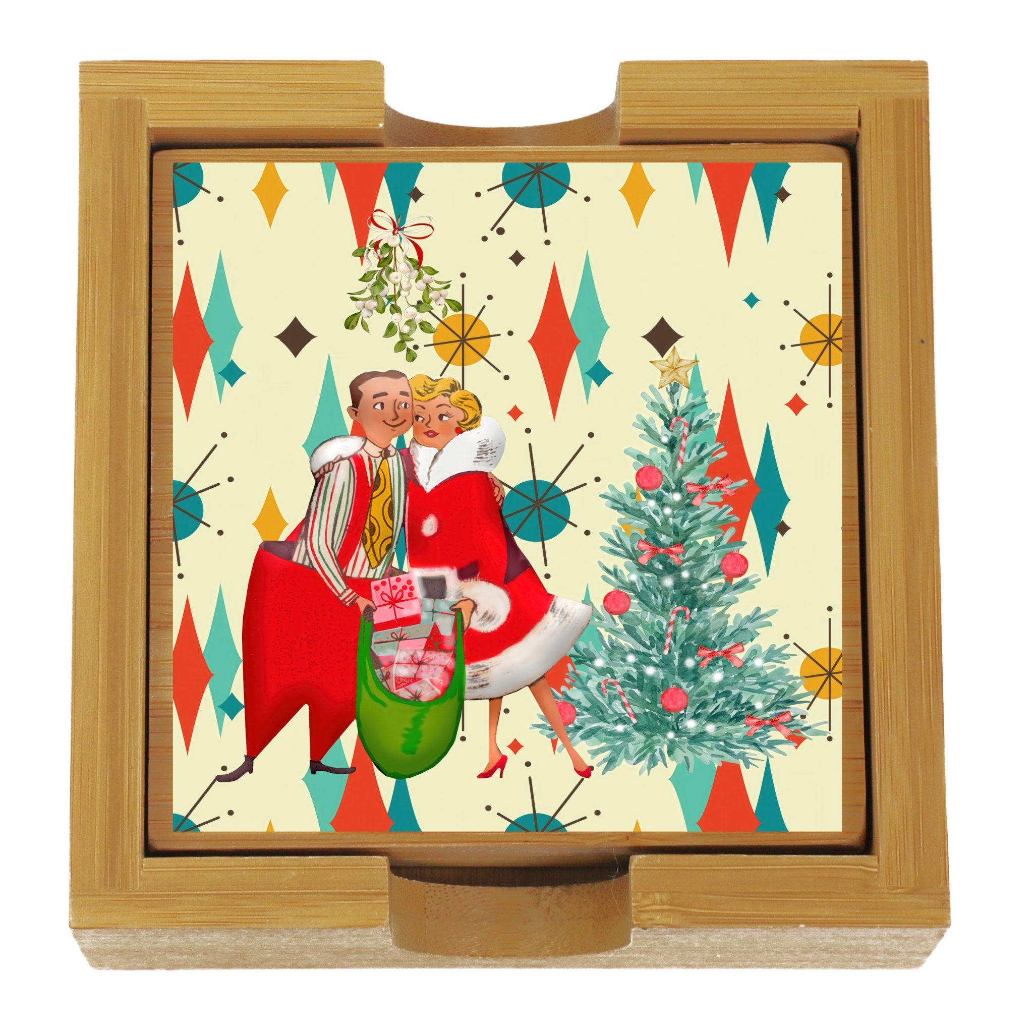 Kate McEnroe New York Retro Vintage 50s Kitsch Christmas Card Art Bamboo Coaster Set, Franciscan Diamond Starburst, Mid Century Modern BarwareCoastersCST01UVP