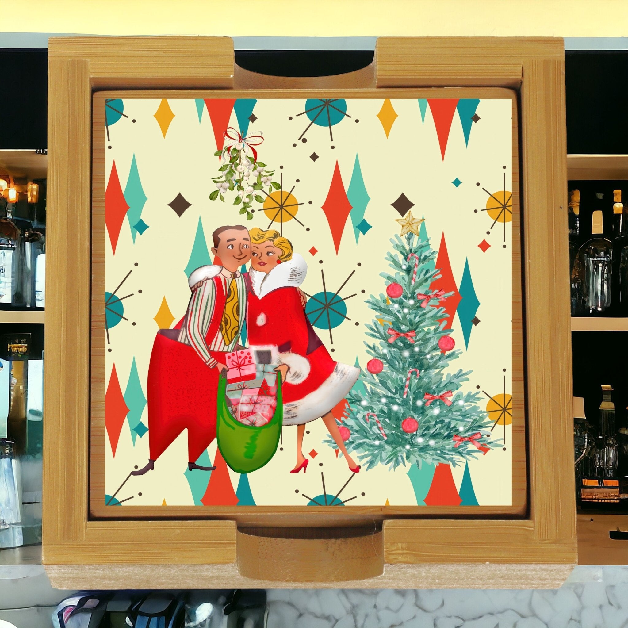 Kate McEnroe New York Retro Vintage 50s Kitsch Christmas Card Art Bamboo Coaster Set, Franciscan Diamond Starburst, Mid Century Modern BarwareCoastersCST01UVP