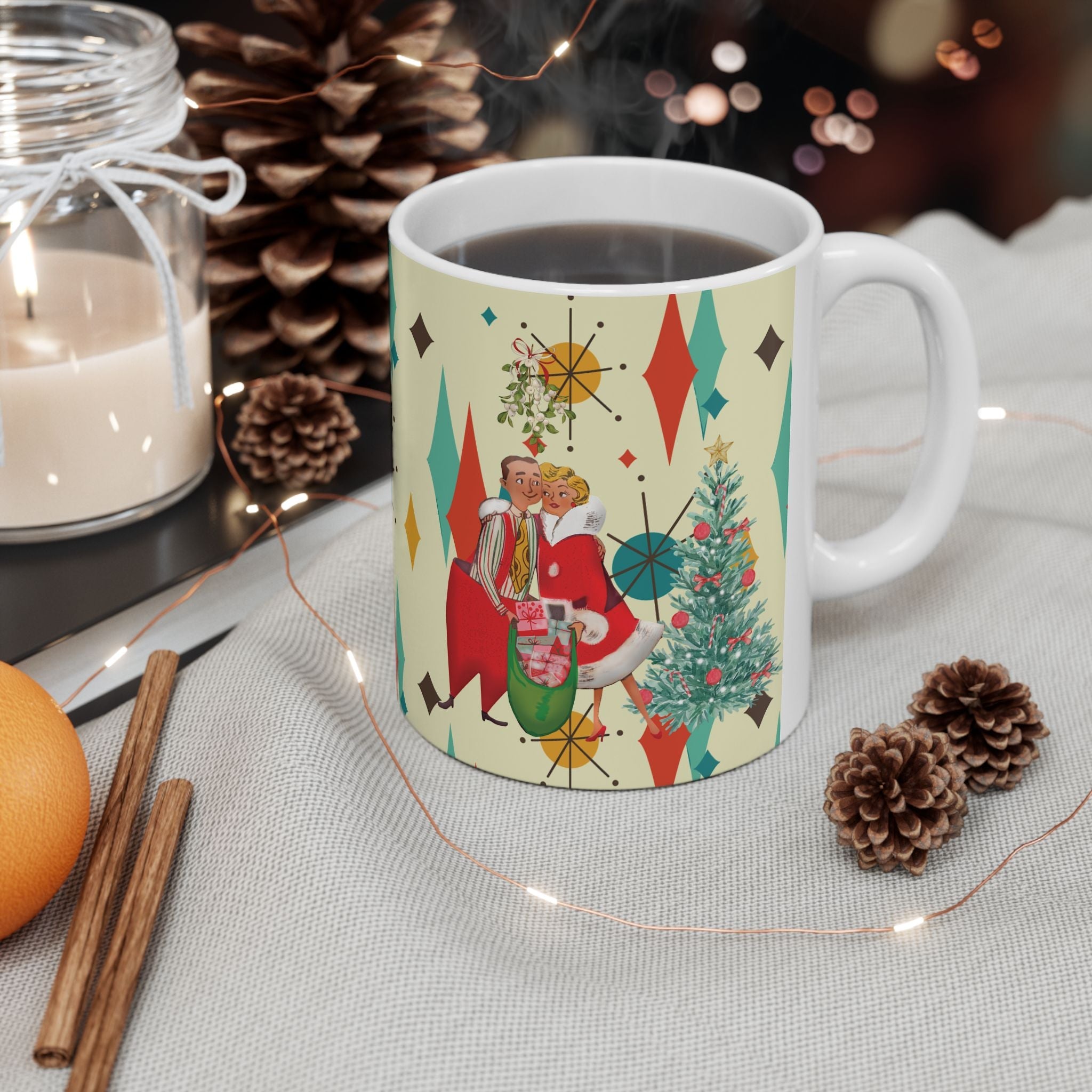 Kate McEnroe New York Retro Vintage 50s Kitsch Christmas Card Art Coffee Mug, Franciscan Diamond Starburst, Mid Century Modern DrinkwareMugs10233803074649013460