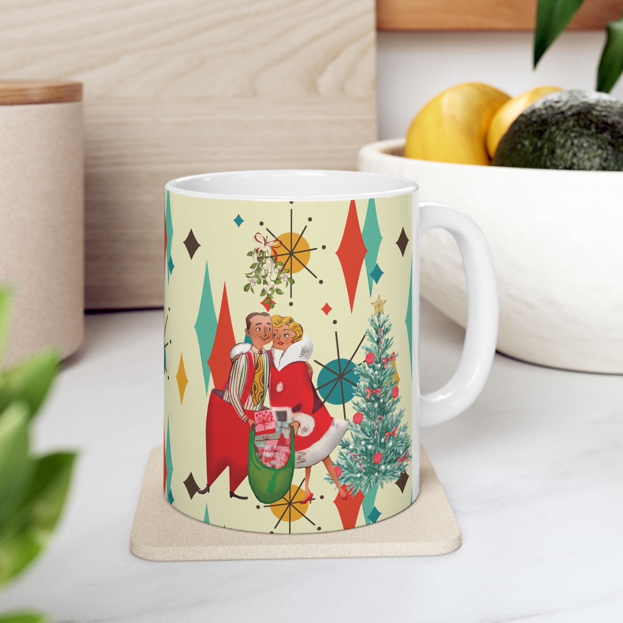 Kate McEnroe New York Retro Vintage 50s Kitsch Christmas Card Art Coffee Mug, Franciscan Diamond Starburst, Mid Century Modern DrinkwareMugs10233803074649013460