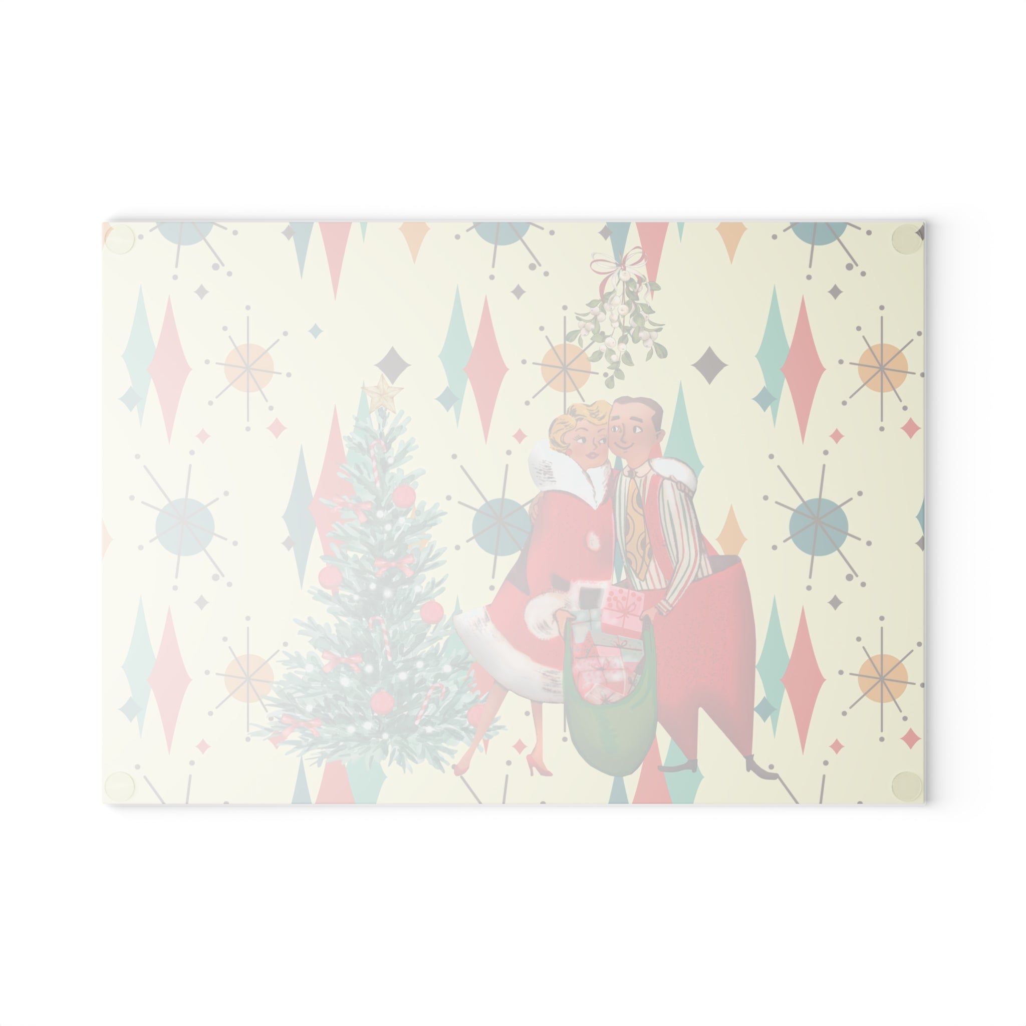 Kate McEnroe New York Retro Vintage 50s Kitsch Christmas Card Art Glass Cutting Board, Franciscan Diamond Starburst, Mid Century KitchenwareCutting Boards28292959428763346802