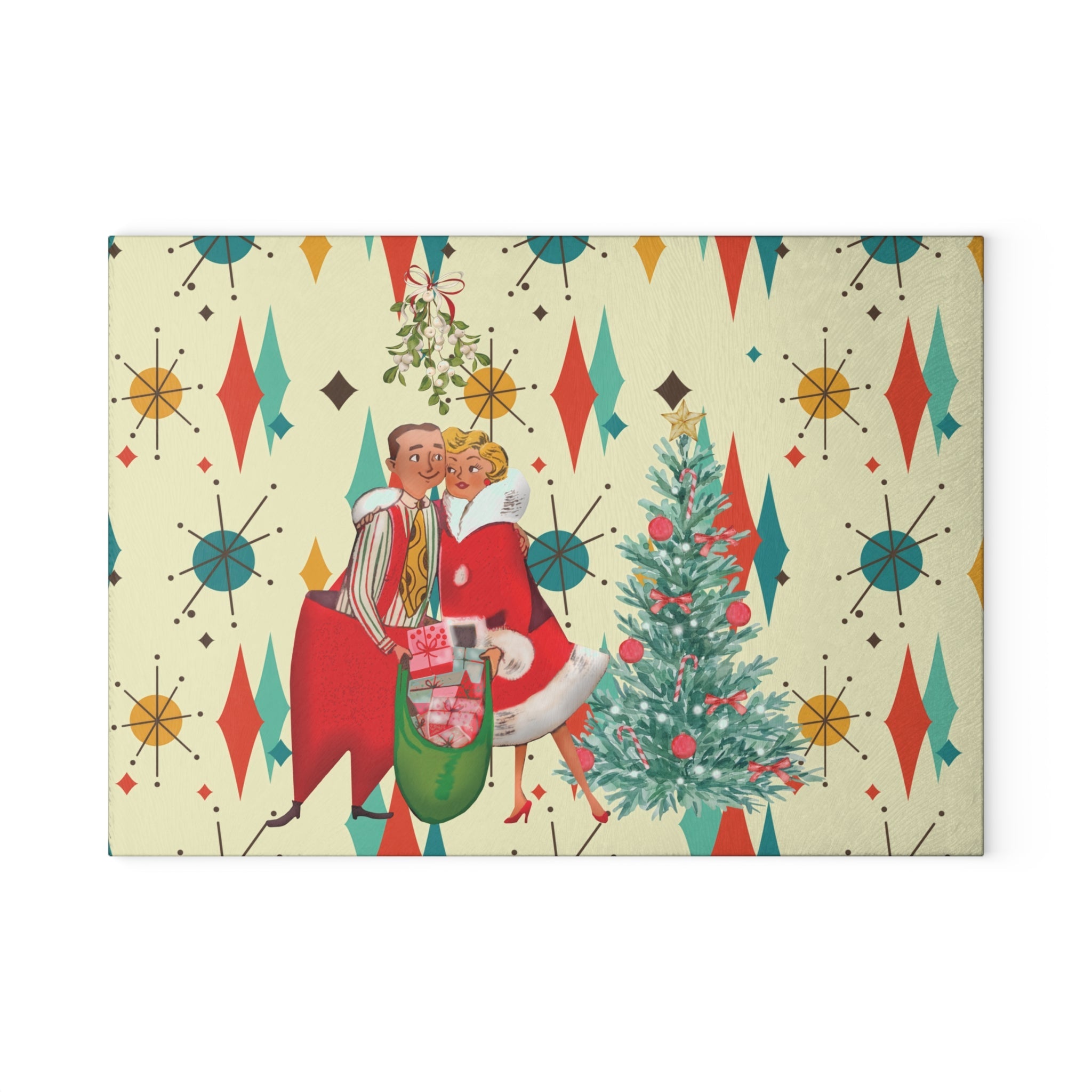 Kate McEnroe New York Retro Vintage 50s Kitsch Christmas Card Art Glass Cutting Board, Franciscan Diamond Starburst, Mid Century KitchenwareCutting Boards28292959428763346802