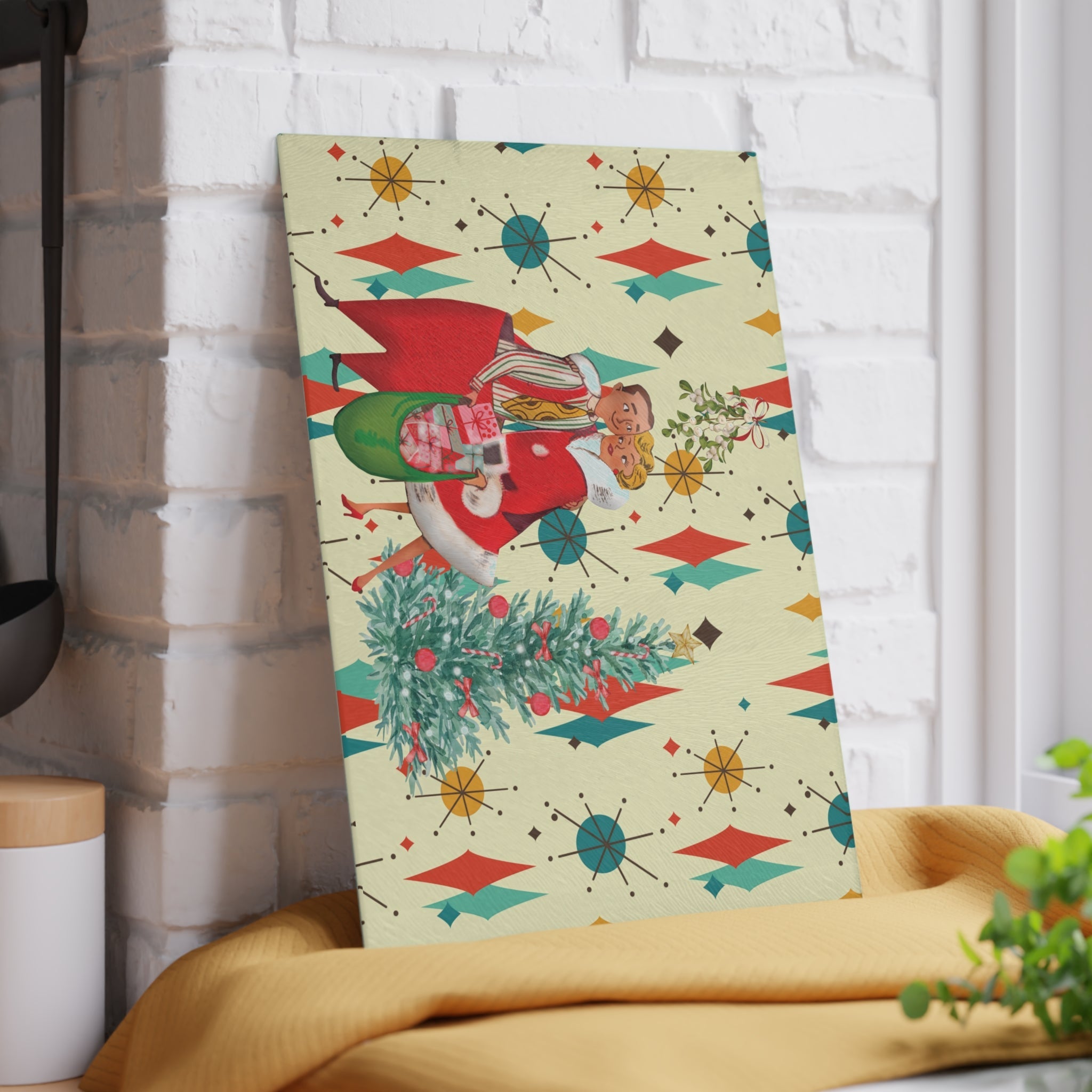 Kate McEnroe New York Retro Vintage 50s Kitsch Christmas Card Art Glass Cutting Board, Franciscan Diamond Starburst, Mid Century KitchenwareCutting Boards28292959428763346802