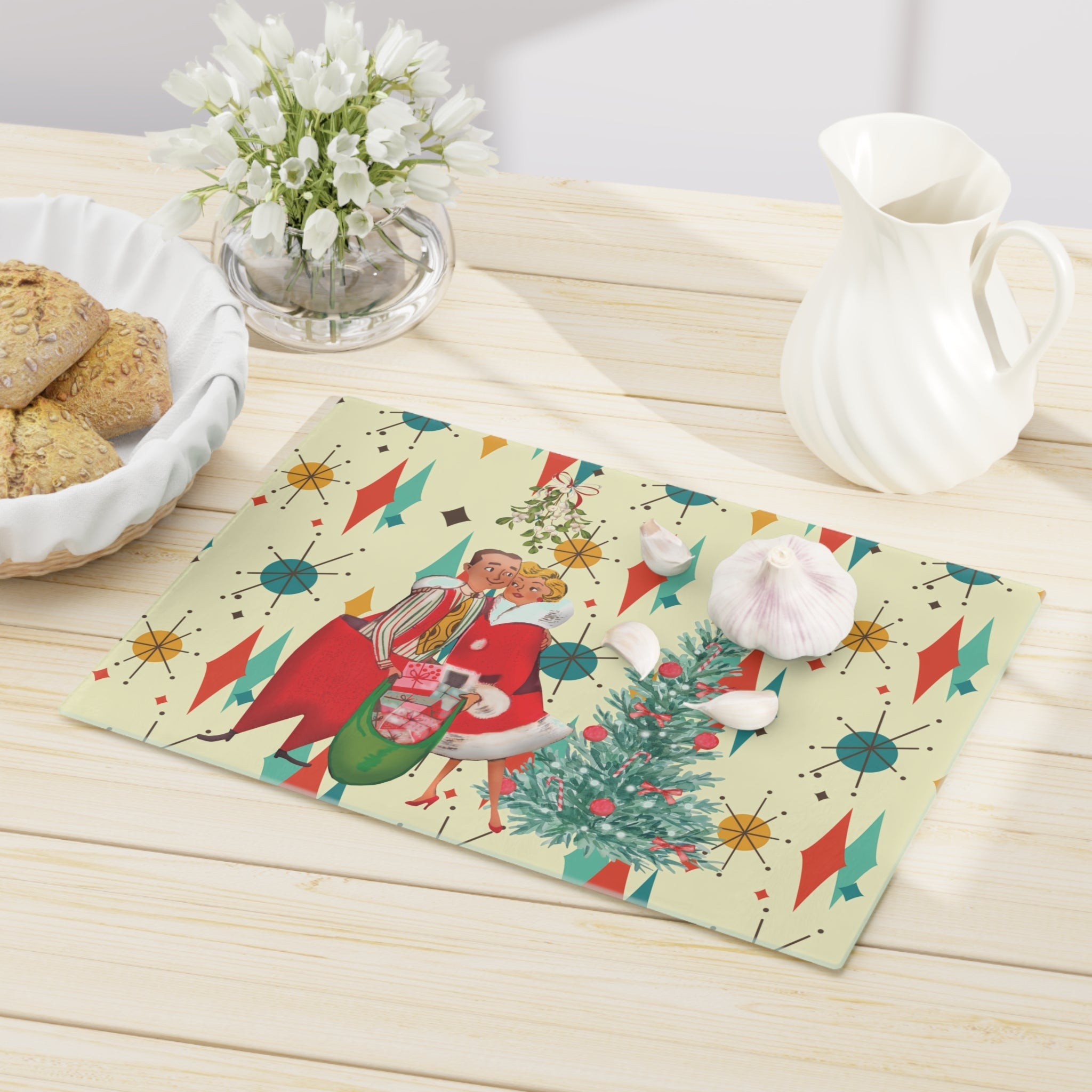 Kate McEnroe New York Retro Vintage 50s Kitsch Christmas Card Art Glass Cutting Board, Franciscan Diamond Starburst, Mid Century KitchenwareCutting Boards28292959428763346802