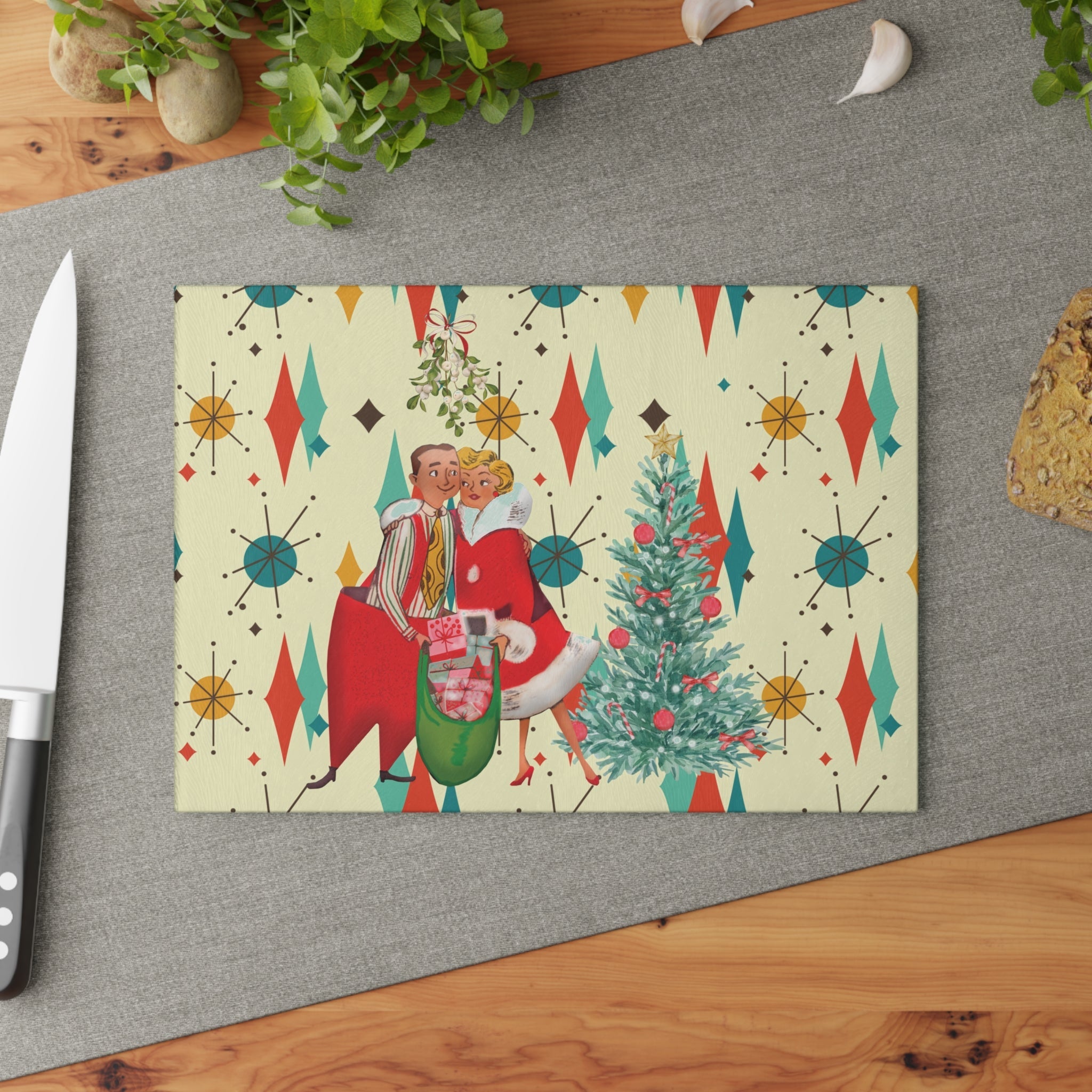 Kate McEnroe New York Retro Vintage 50s Kitsch Christmas Card Art Glass Cutting Board, Franciscan Diamond Starburst, Mid Century KitchenwareCutting Boards28292959428763346802