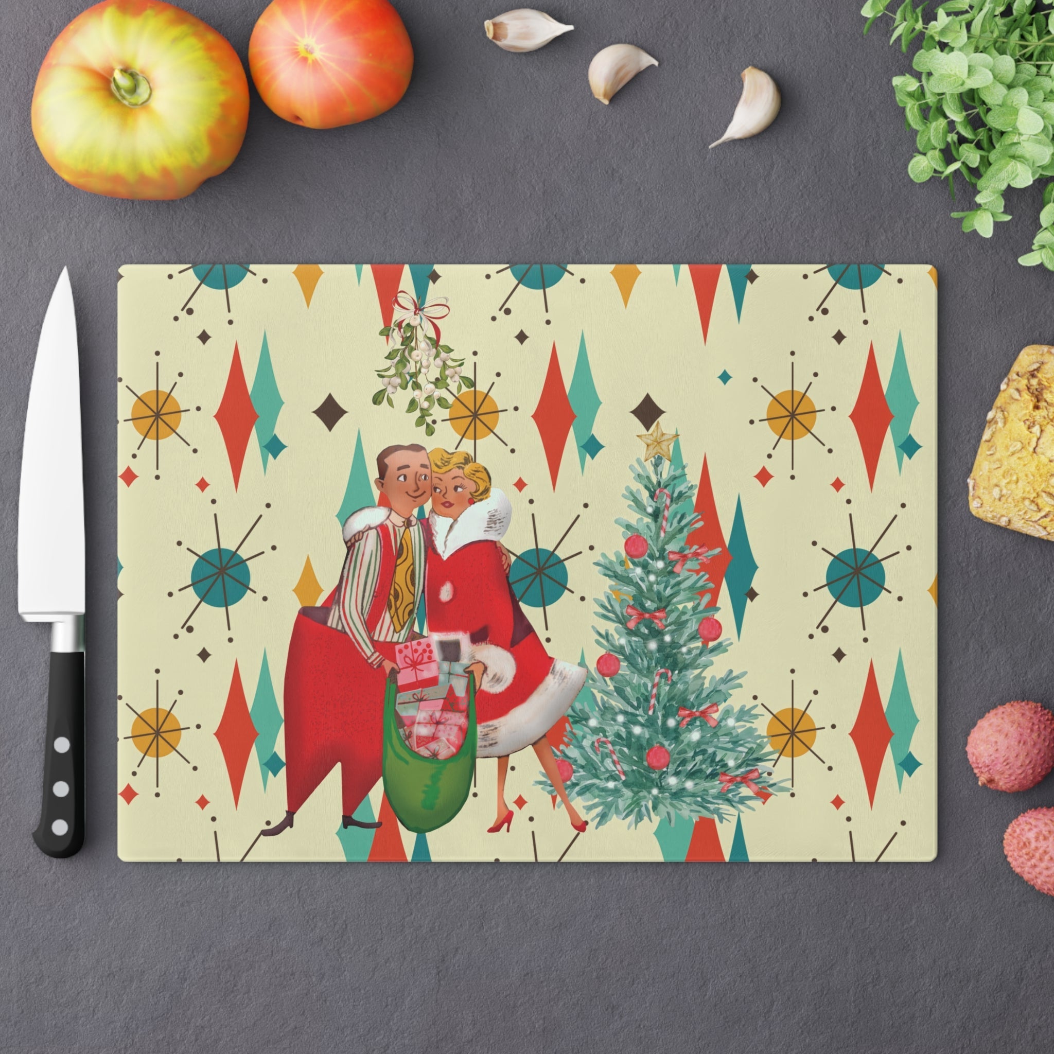 Kate McEnroe New York Retro Vintage 50s Kitsch Christmas Card Art Glass Cutting Board, Franciscan Diamond Starburst, Mid Century KitchenwareCutting Boards28292959428763346802