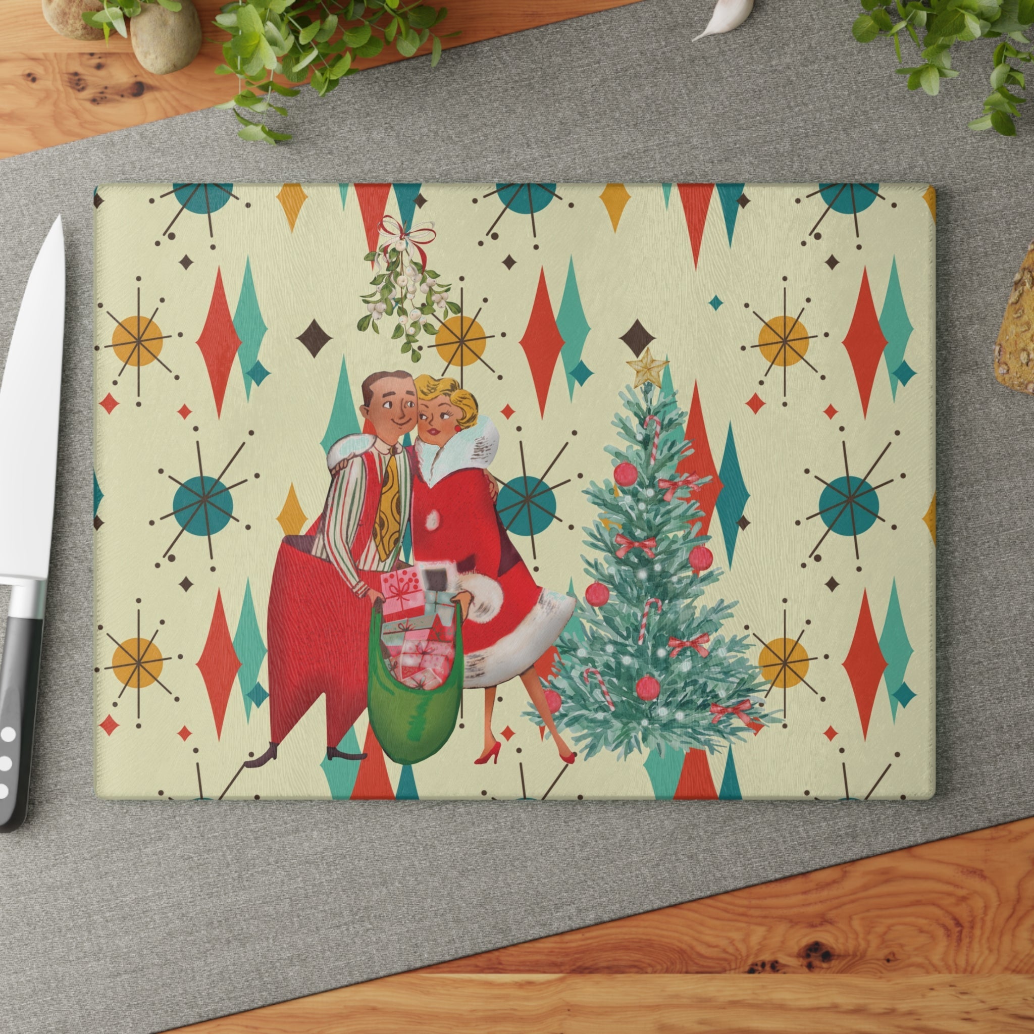 Kate McEnroe New York Retro Vintage 50s Kitsch Christmas Card Art Glass Cutting Board, Franciscan Diamond Starburst, Mid Century KitchenwareCutting Boards32733470512751949274