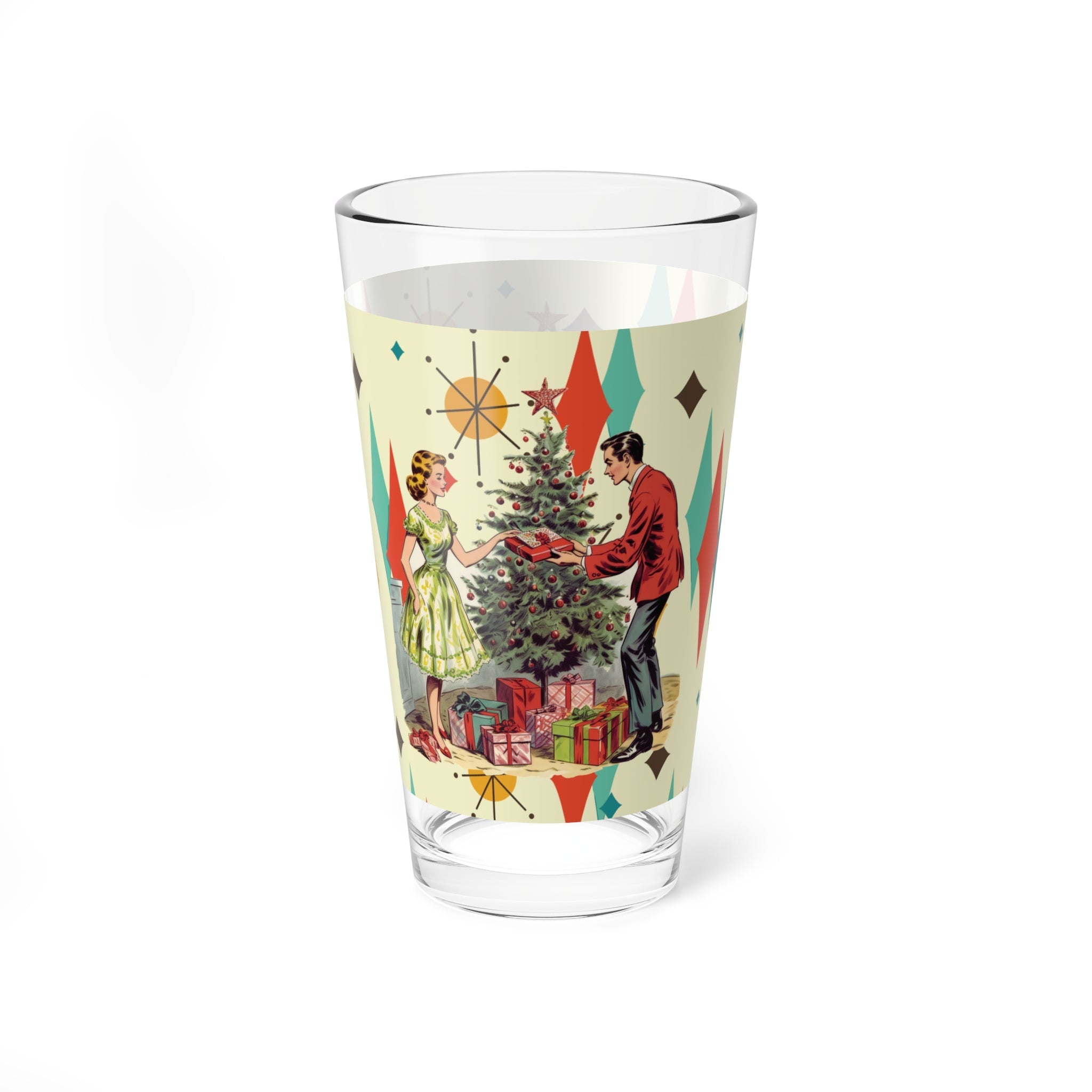 Kate McEnroe New York Retro Vintage 50s Kitsch Christmas Card Art Mixing Glass, 16oz Franciscan Diamond Starburst, MCM Cocktail Shaker, Holiday Party Glassware,Pint Glasses41835080798348466682