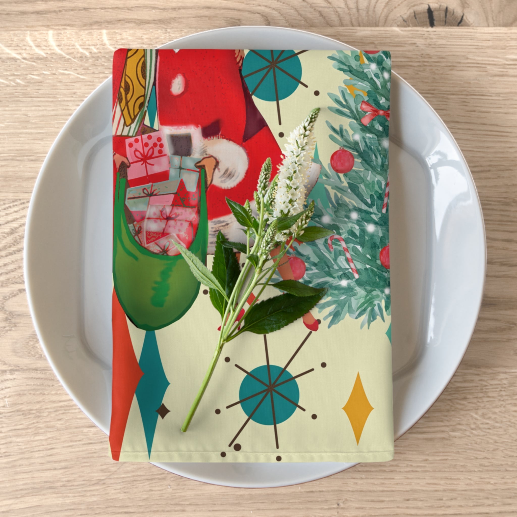 Kate McEnroe New York Retro Vintage 50s Kitsch Christmas Card Art Napkins, Franciscan Diamond Starburst, Mid Century Holiday LinensNapkinsPMK08.699089