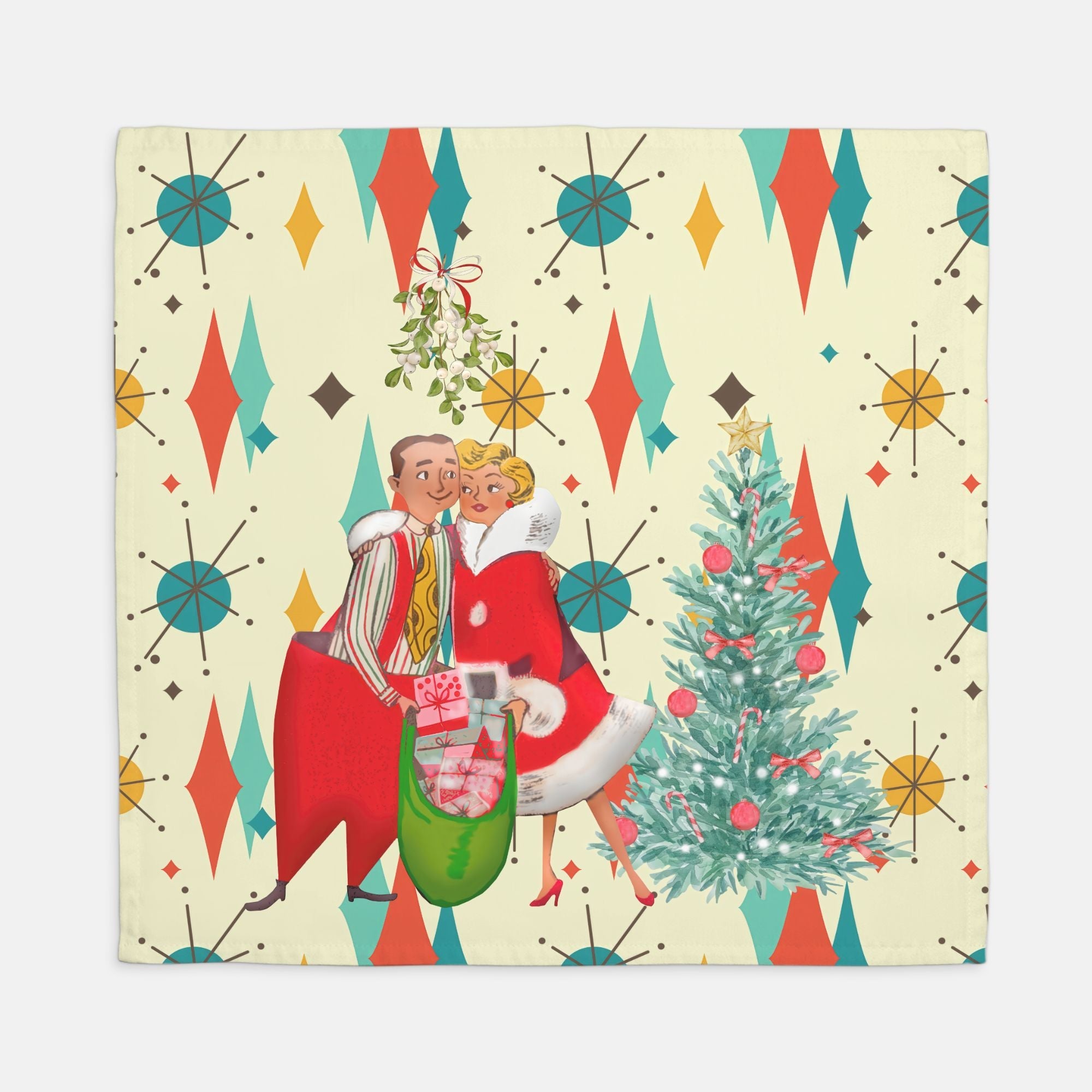Kate McEnroe New York Retro Vintage 50s Kitsch Christmas Card Art Napkins, Franciscan Diamond Starburst, Mid Century Holiday LinensNapkinsPMK08.699089