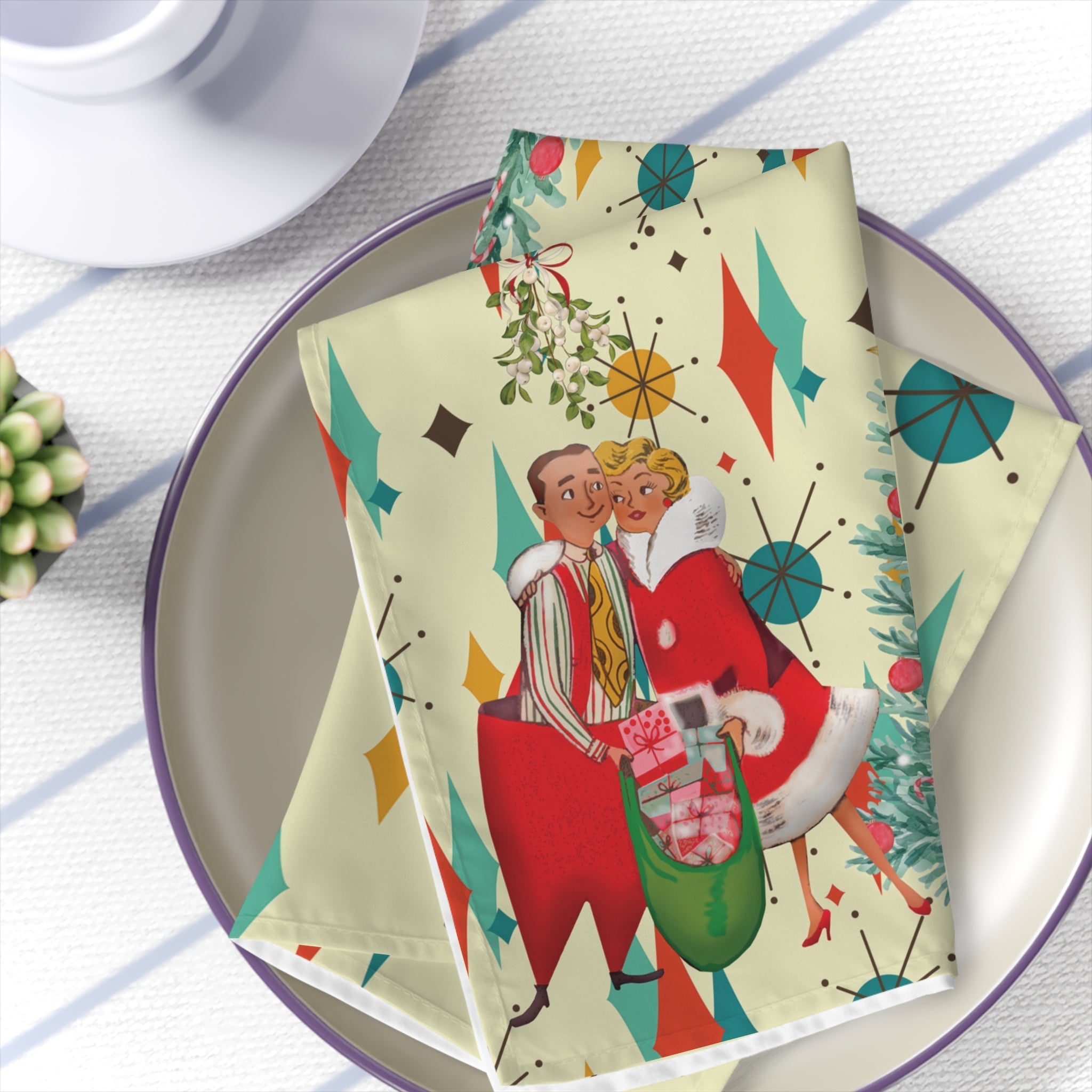 Kate McEnroe New York Retro Vintage 50s Kitsch Christmas Card Art Napkins, Franciscan Diamond Starburst, Mid Century Holiday LinensNapkinsPMK08.699089