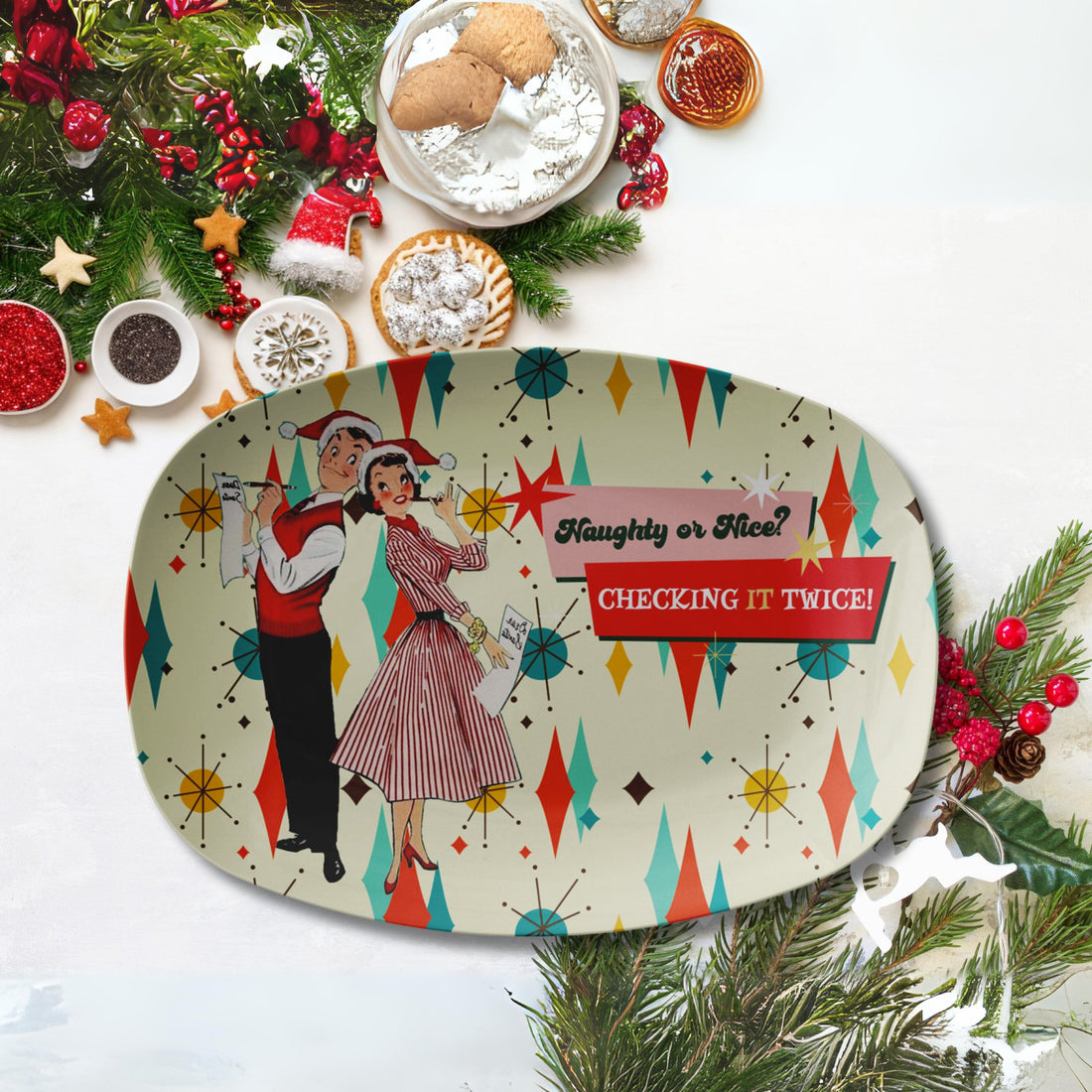 Kate McEnroe New York Retro Vintage 50s Kitsch Christmas Card Art Platter, Naughty or Nice, Franciscan Diamond Starburst Serving TrayServing Platters9727