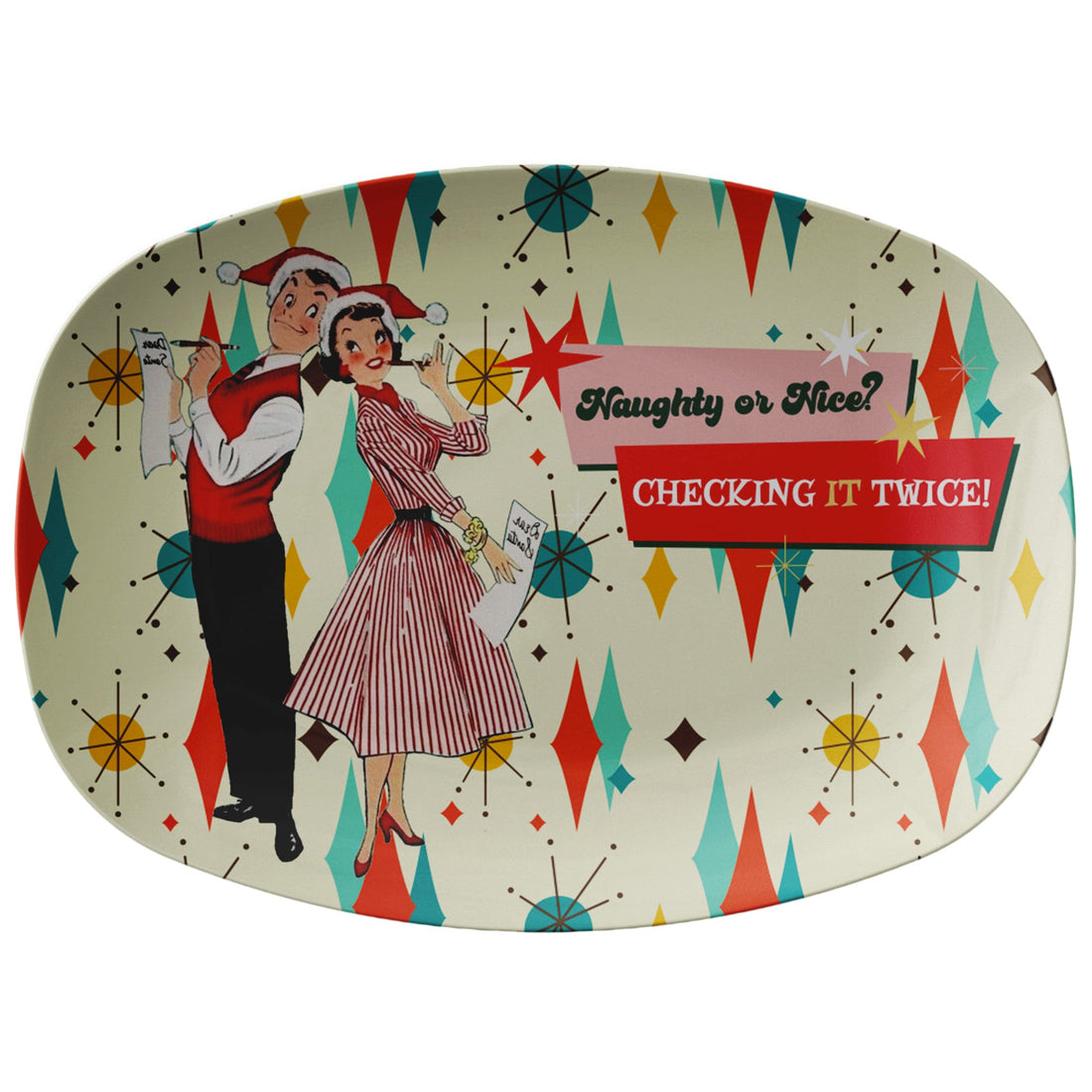 Kate McEnroe New York Retro Vintage 50s Kitsch Christmas Card Art Platter, Naughty or Nice, Franciscan Diamond Starburst Serving TrayServing Platters9727