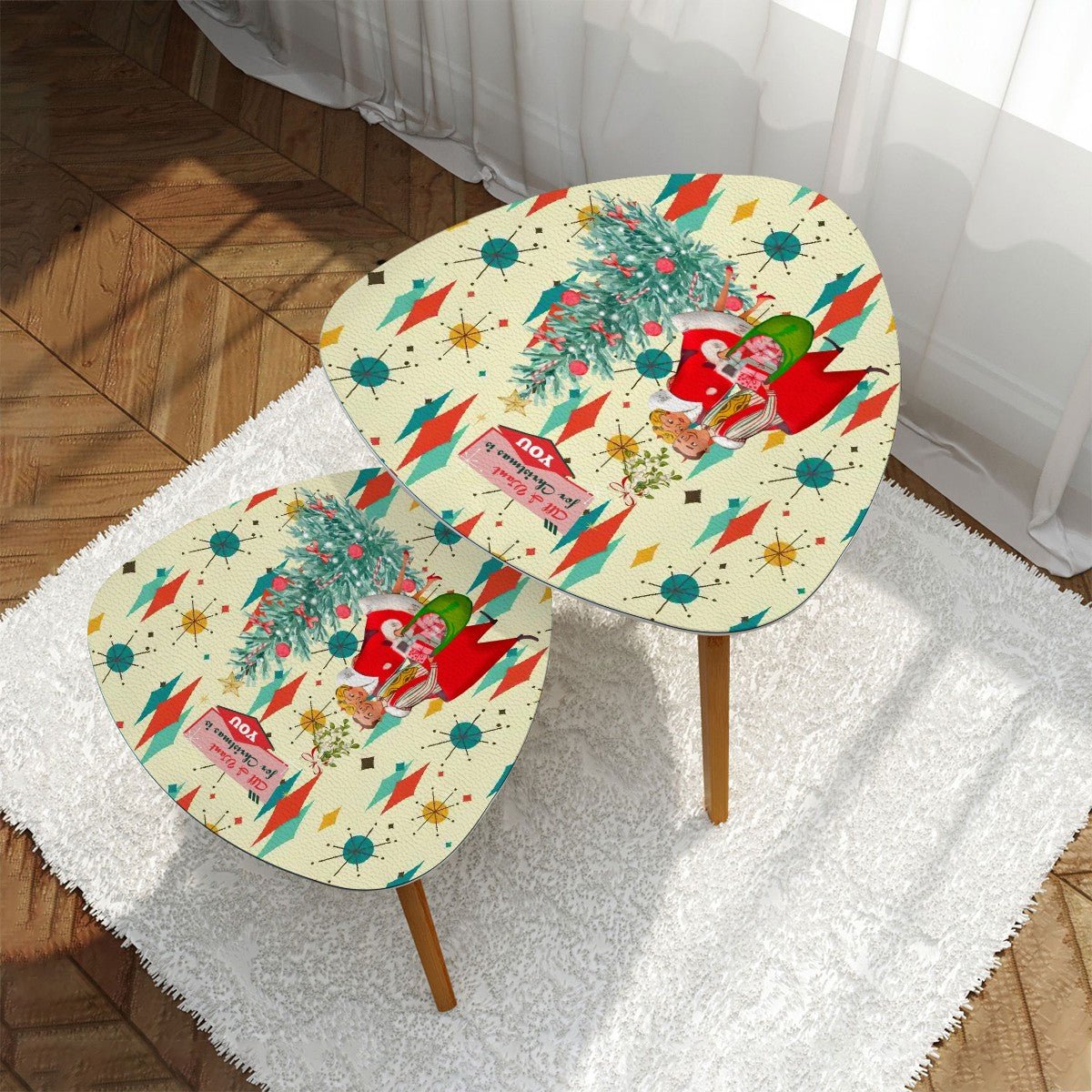 Kate McEnroe New York Retro Vintage 50s Kitsch Holiday Nesting End Tables, Iconic Franciscan Starburst, MCM Christmas Card Art Coffee Table KMNY01Nesting TableskFbsAvHTcu