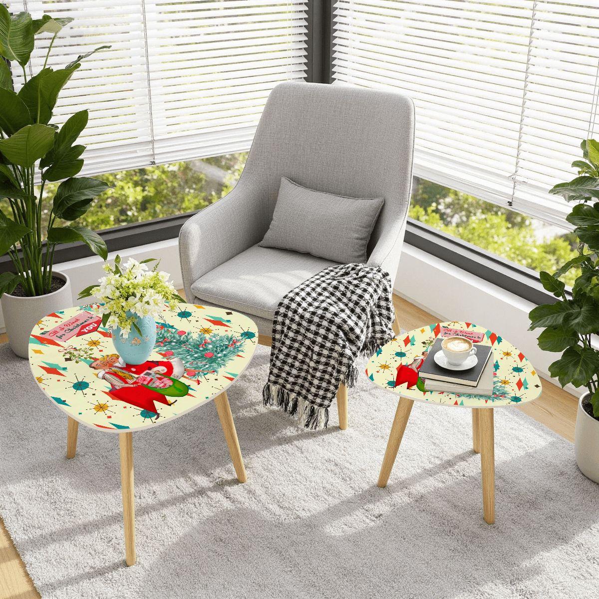 Kate McEnroe New York Retro Vintage 50s Kitsch Holiday Nesting End Tables, Iconic Franciscan Starburst, MCM Christmas Card Art Coffee Table KMNY01Nesting TablesnxORcqojCDzYH