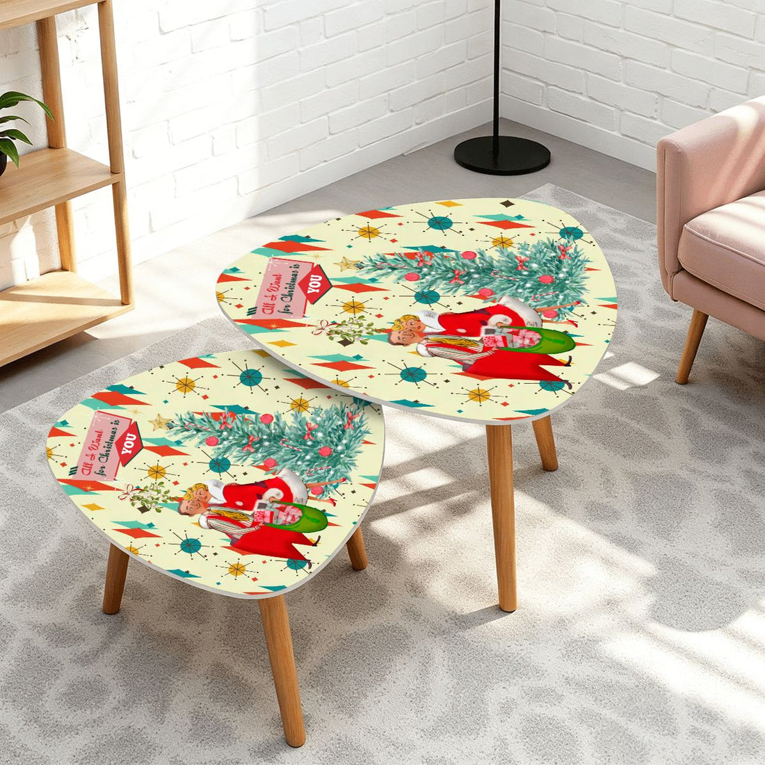 Kate McEnroe New York Retro Vintage 50s Kitsch Holiday Nesting End Tables, Iconic Franciscan Starburst, MCM Christmas Card Art Coffee Table KMNY01Nesting TablesnxORcqojCDzYH