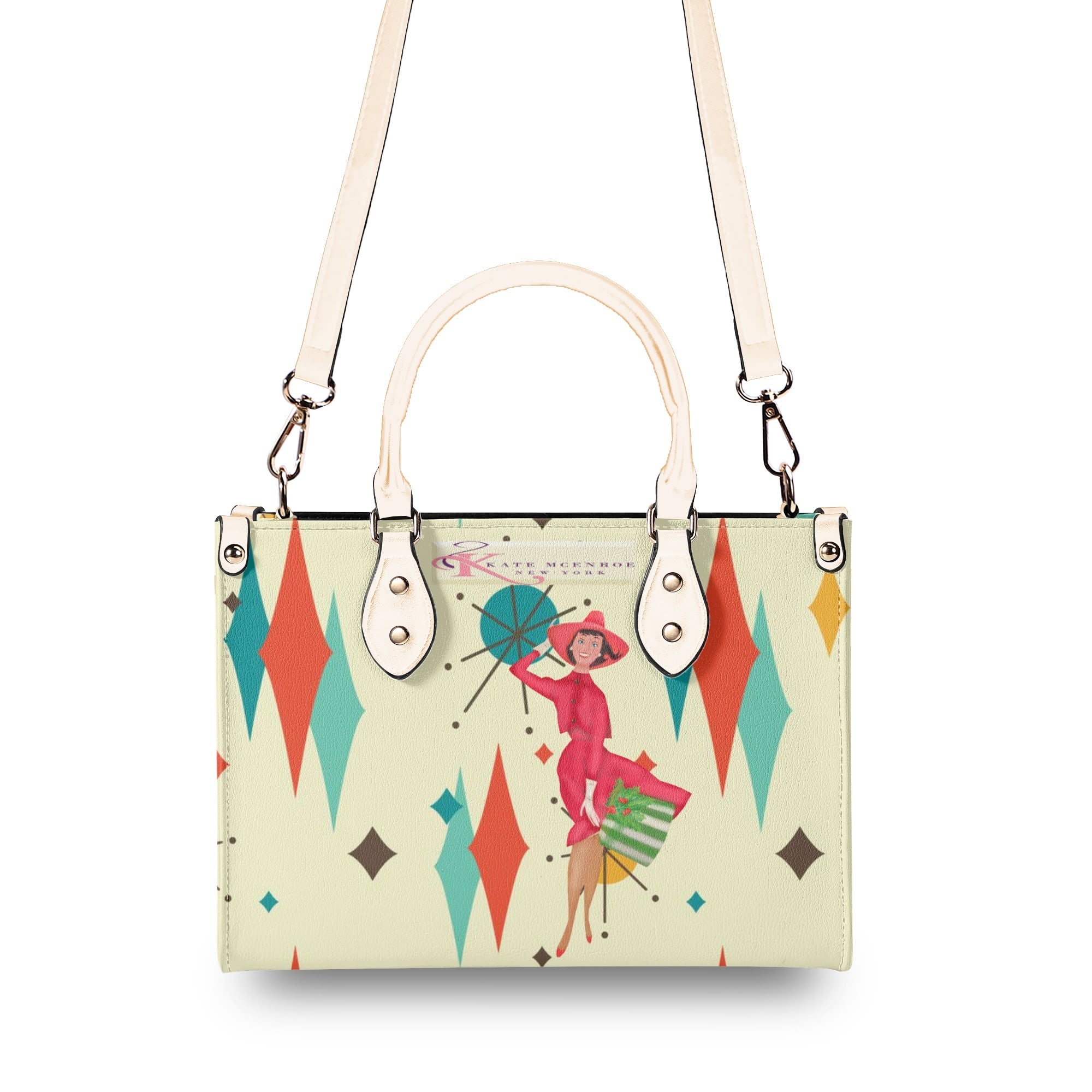 Kate McEnroe New York Retro Vintage 50s Kitsch Holiday Satchel, Franciscan Starburst , Mid Century Modern Christmas Card Art HandbagHandbagsWQEPRM8W - 1