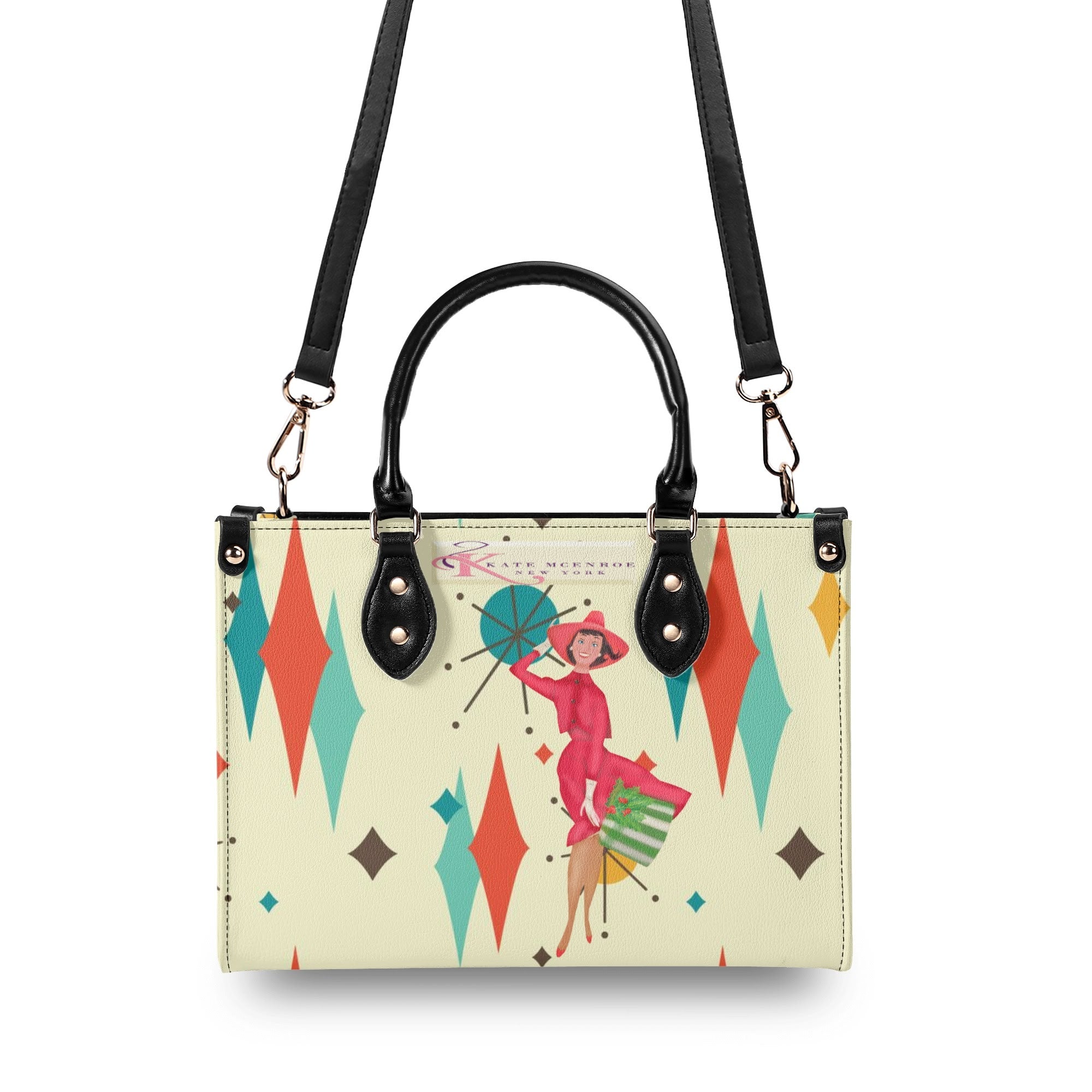 Kate McEnroe New York Retro Vintage 50s Kitsch Holiday Satchel, Franciscan Starburst , Mid Century Modern Christmas Card Art HandbagHandbagsWQEPRM8W - 1
