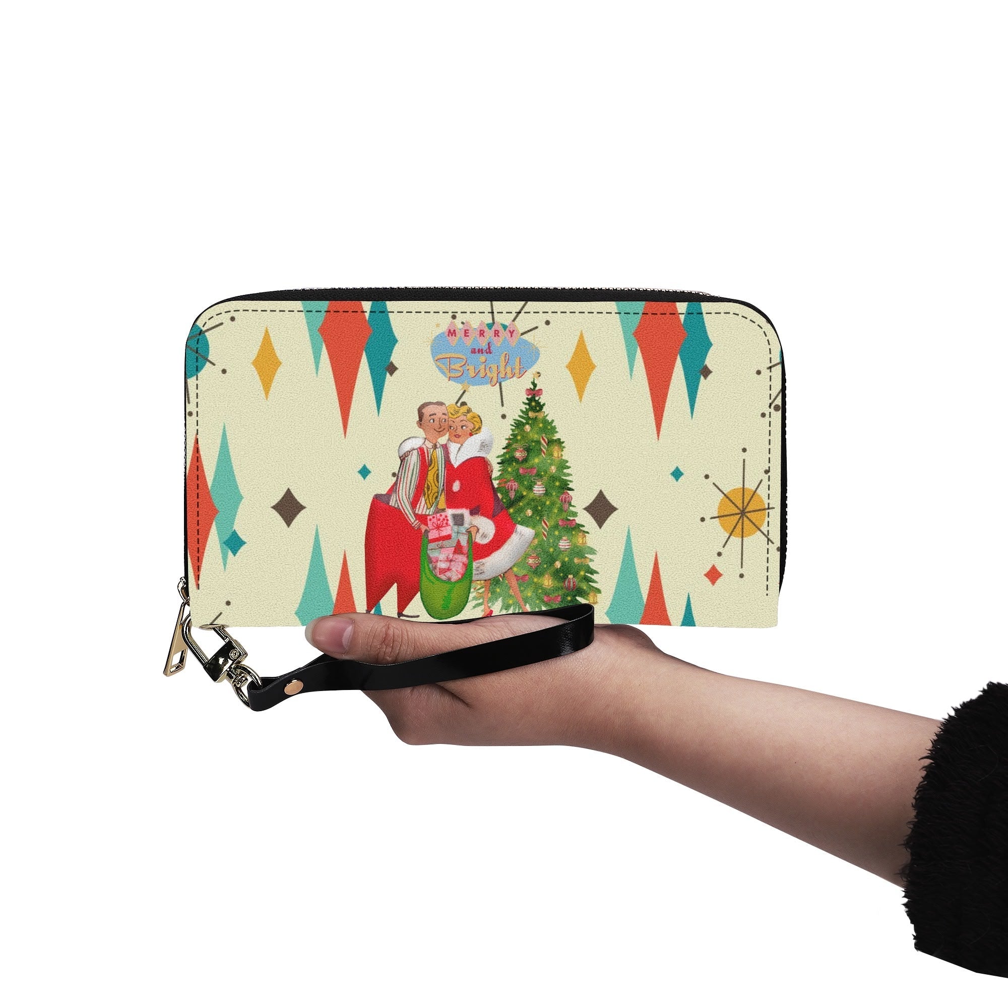 Kate McEnroe New York Retro Vintage 50s Kitsch Holiday Wallet, Franciscan Starburst, Mid Century Modern Christmas Card Art Leather ClutchWalletsN7MZD5RW - 1