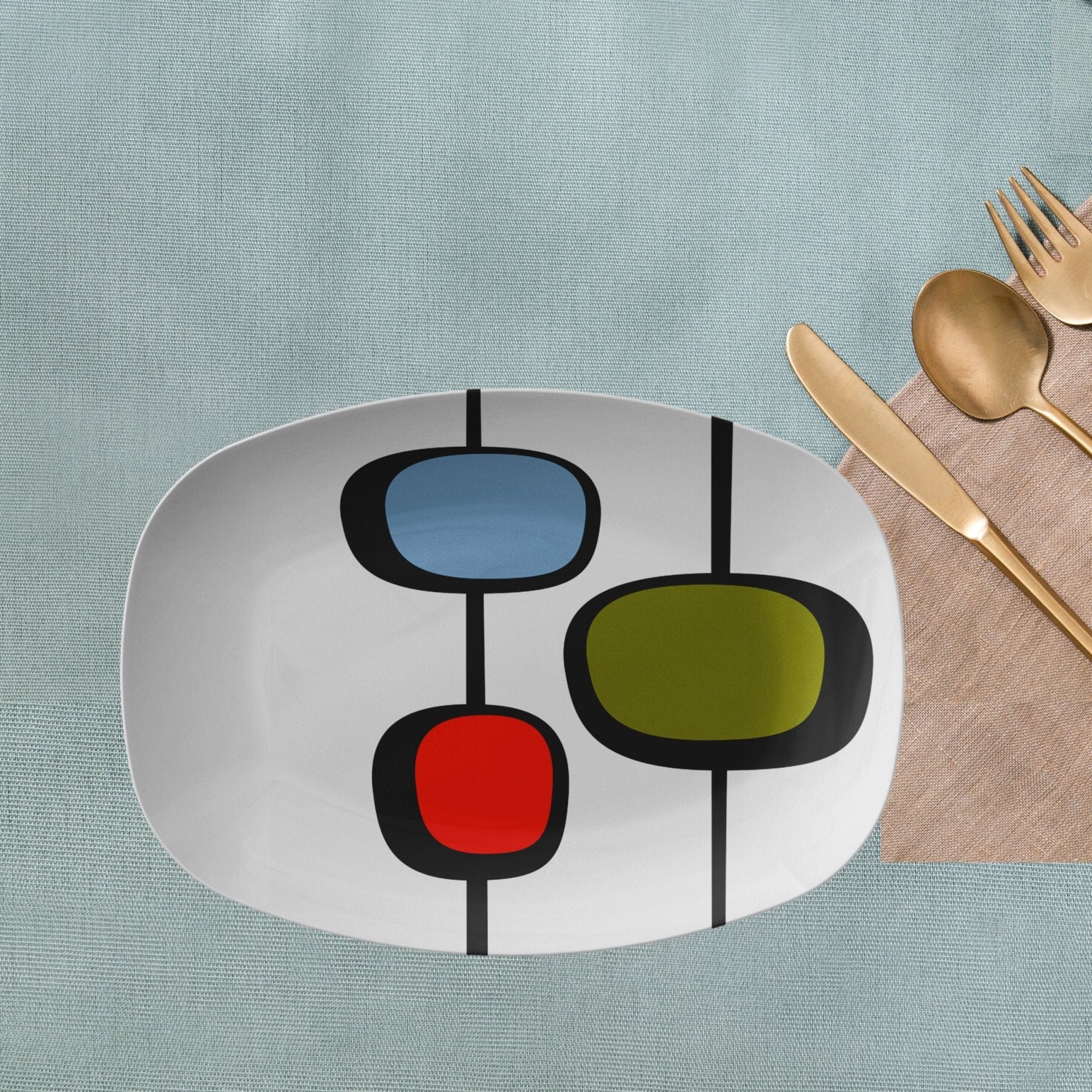 Kate McEnroe New York Retro Vintage 50s Mid Century Abstract Serving Platter in Olive Green, Red, BlueServing PlattersP21 - MID - WHI - 34