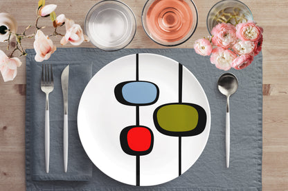 Kate McEnroe New York Retro Vintage 50s Mid Century Modern Abstract Dinner Plate in Olive Green, Red, Blue Plates