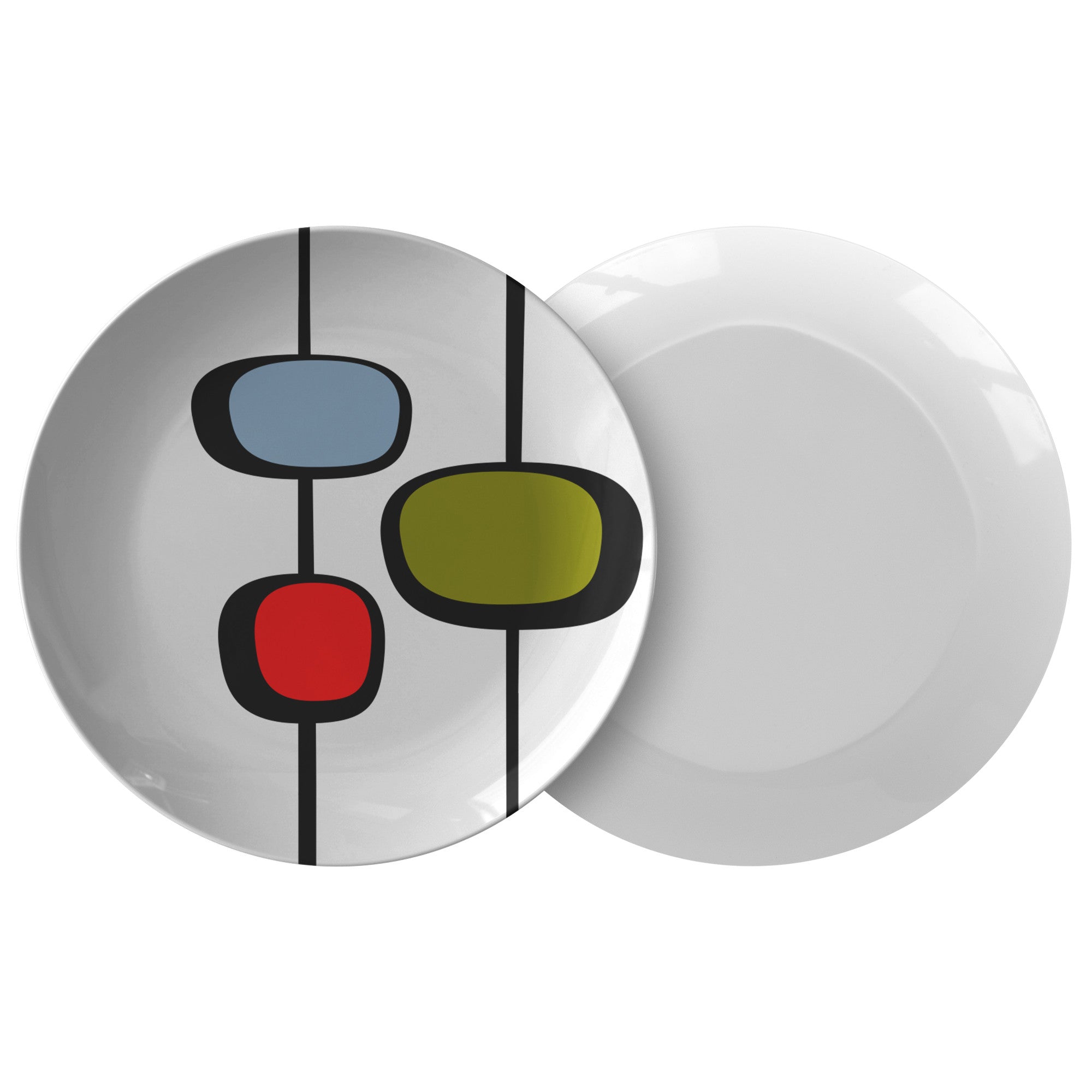 Kate McEnroe New York Retro Vintage 50s Mid Century Modern Abstract Dinner Plate in Olive Green, Red, BluePlatesP22 - MID - WHI - 34S