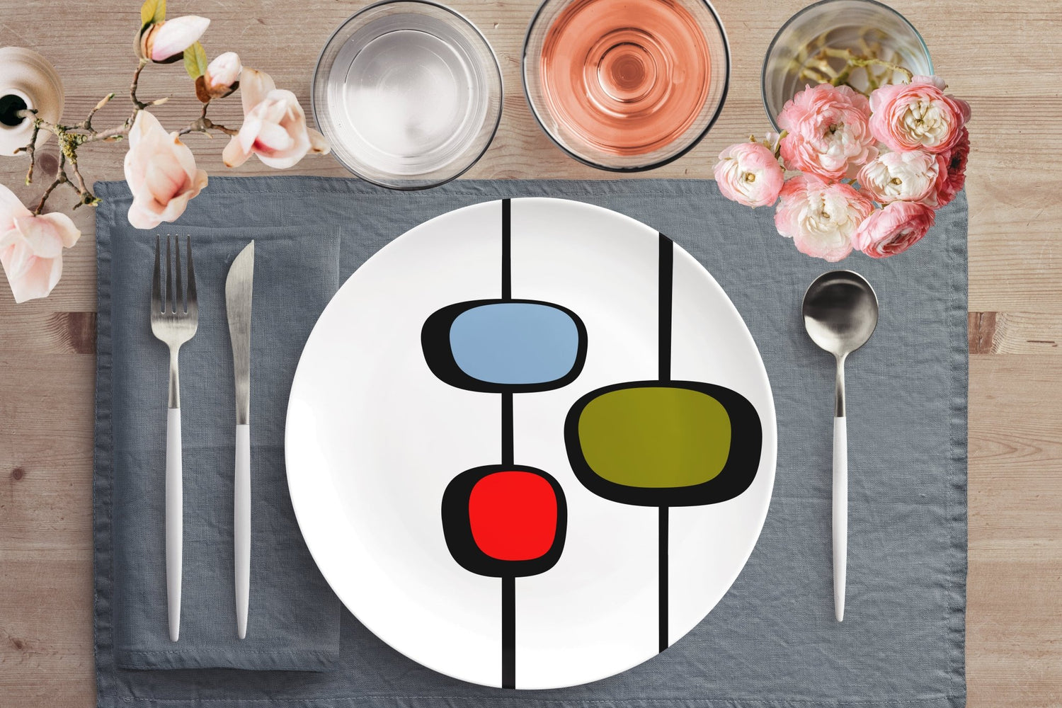 Kate McEnroe New York Retro Vintage 50s Mid Century Modern Abstract Dinner Plate in Olive Green, Red, BluePlatesP22 - MID - WHI - 34S